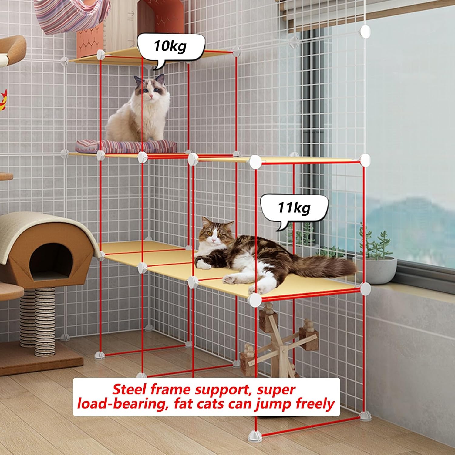 Large Cat Playpen - 2/3 Tier Cat Cage, DIY Metal Wire Enclosure, Easy to Clean Pet Kennel, Spacious Exercise Area for Cats (White, 44x30x58/111x75x146cm)