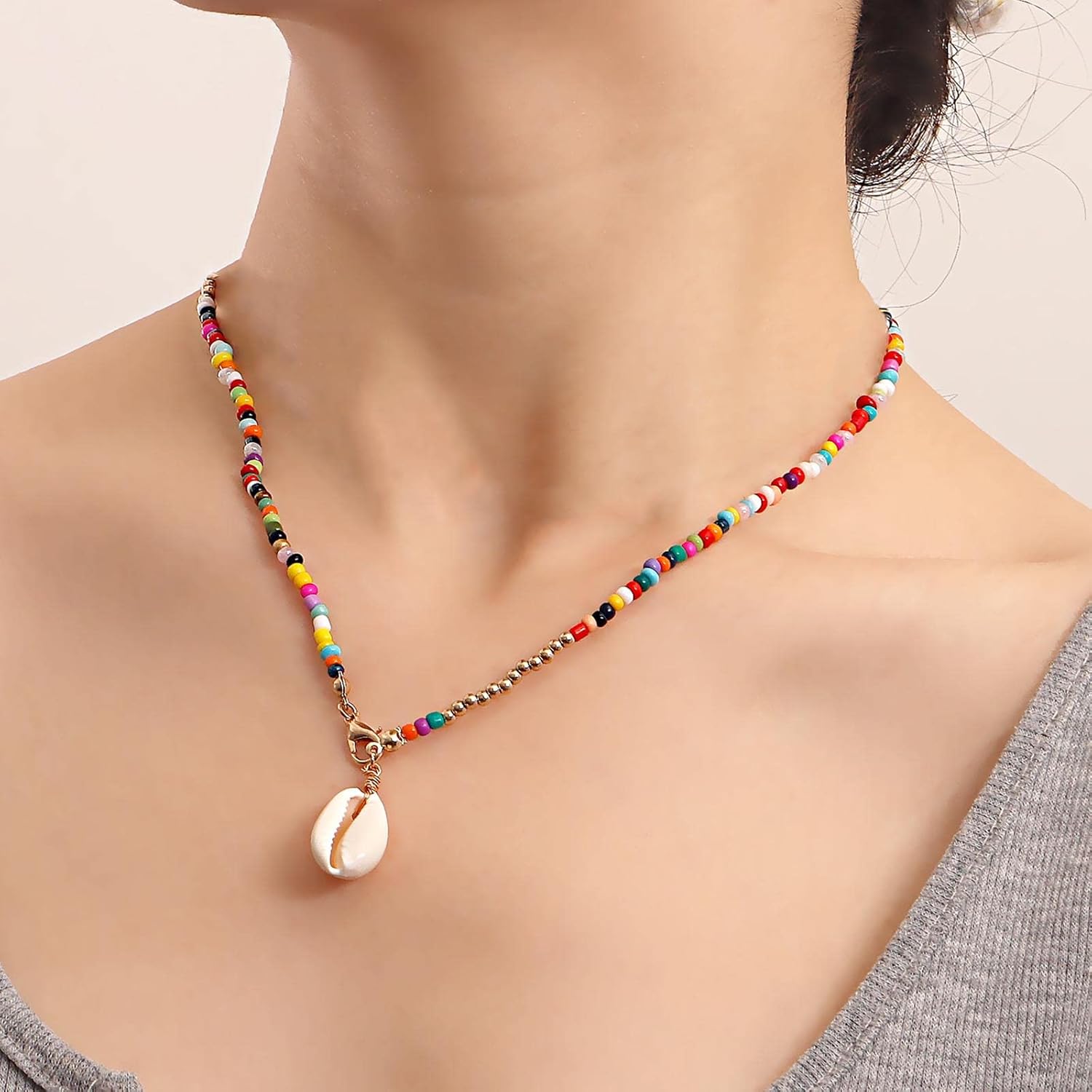 Boho Layered seed Bead Necklace Rainbow Beaded Choker Necklace Beach Shell Pendant Necklace sea shell necklace colorful rice bead necklace Jewelry for Women - Image 3