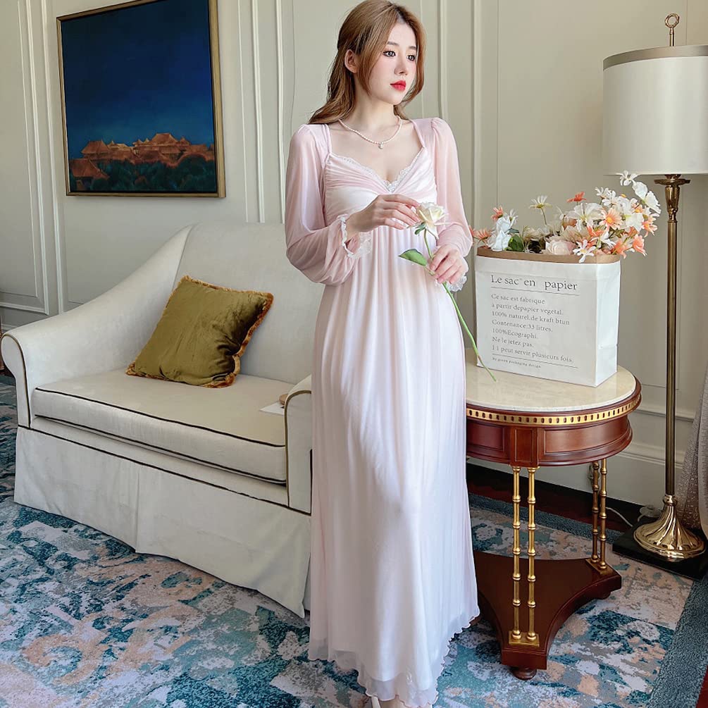 Frauen Mädchen Langarm Spitze Schlafkleid Prinzessin Stil Gaze Nachthemd Nachtkleid