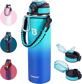 TOPBADE 32oz Water Bottle Stainless Steel with Straw, Insulated Water Bottle with Paracord Handle & Spout Lids, Double Wal...