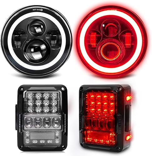 UNI-SHINE 2 faros delanteros LED de 7 pulgadas, haz de halo rojo con señal de giro ámbar DOT+2 luces traseras LED con EMC Correr y señal de freno y