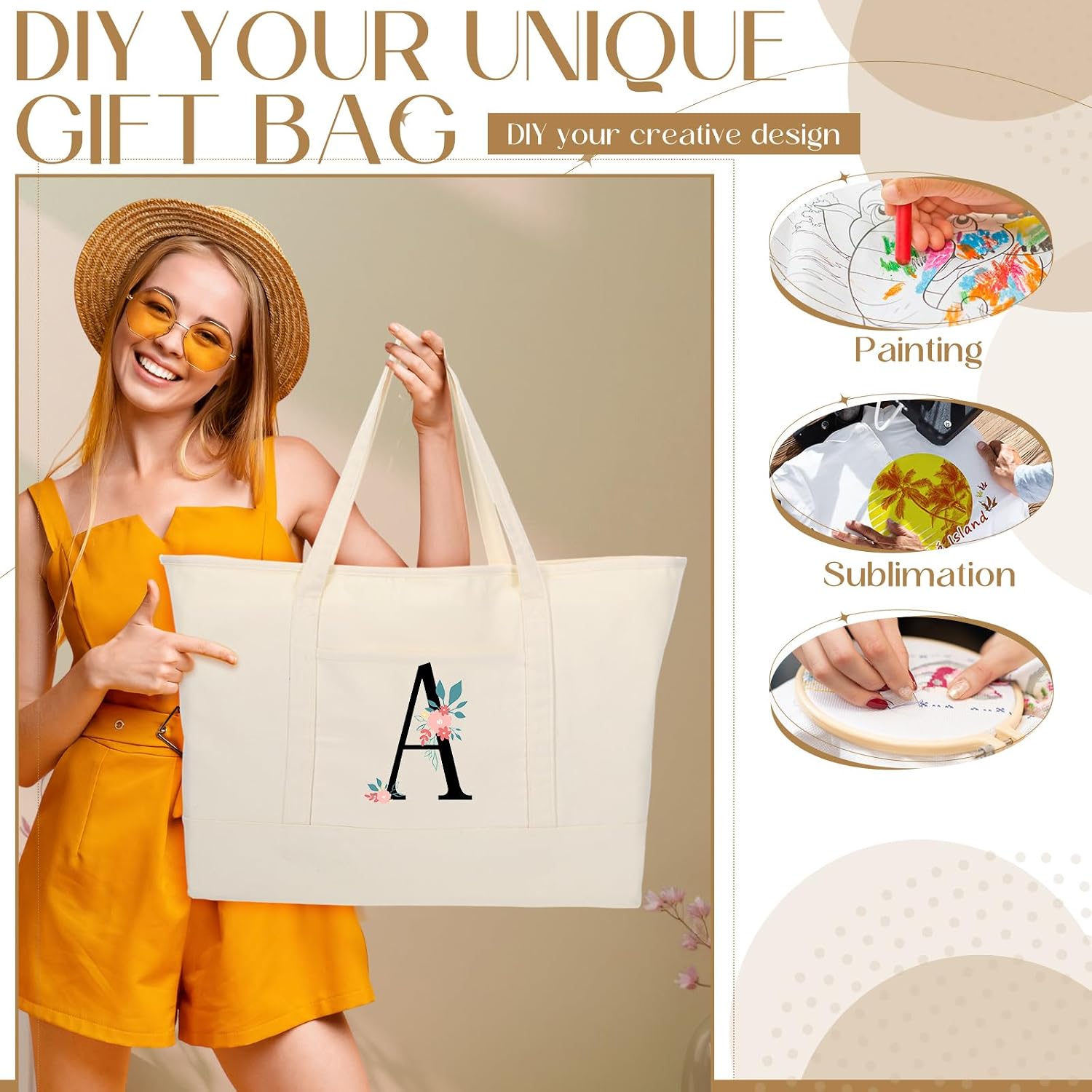 6 Pcs Jumbo Canvas Grocery Bag 28 Inch Extra Large Canvas Tote Bags Giant Heavy Duty Wedding Beach Tote Bags with Outer Pocket Washable Shopping Bag for Summer Travel DIY Craft (Beige)