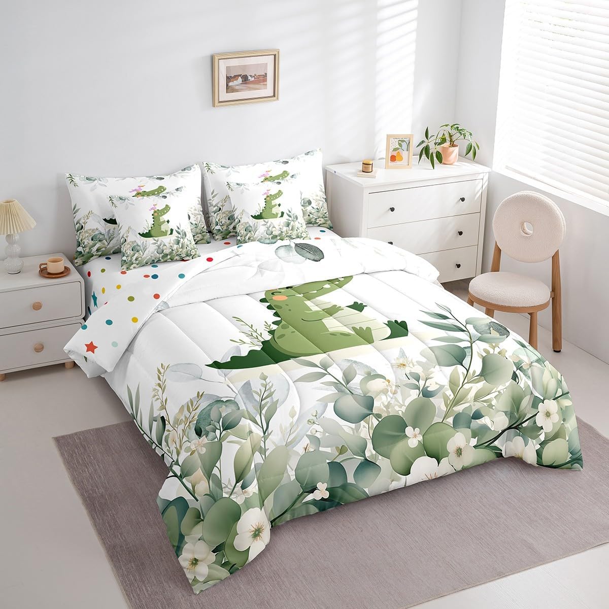 Erosebridal Cartoon Crocodile Bedding Comforter Sets 7pcs Woodland Wildlife Bed in a Bag, Spring Queen Bedding Sets Eucalyptus Leaf Comforter Set, Jungle Animal Theme Bedding Sets Kids Room Decor