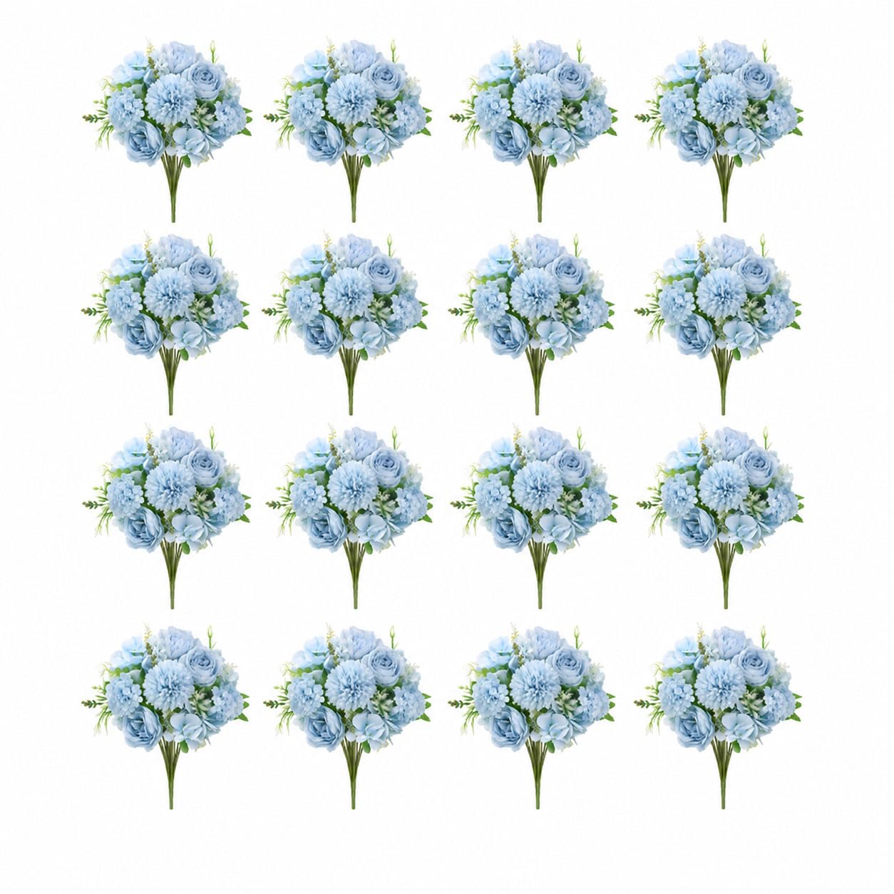 Aucenix Artificial Peony Flowers Blue, 8 Bundles Realistic Faux Silk Peonies Bouquet for Vase Arrangements, Bridal Bouquets, Wedding Table Centrepieces and Home Decor (Light blue-16 Pcs)