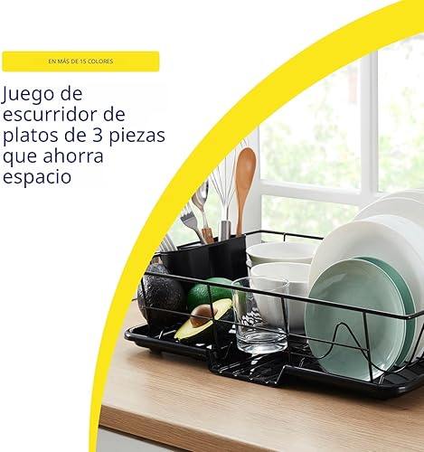 Miniatura 2 de Juego de escurridor de platos de 3 piezas que ahorra espacio con soporte para cubiertos, maximiza el espacio en la encimera, color negro
