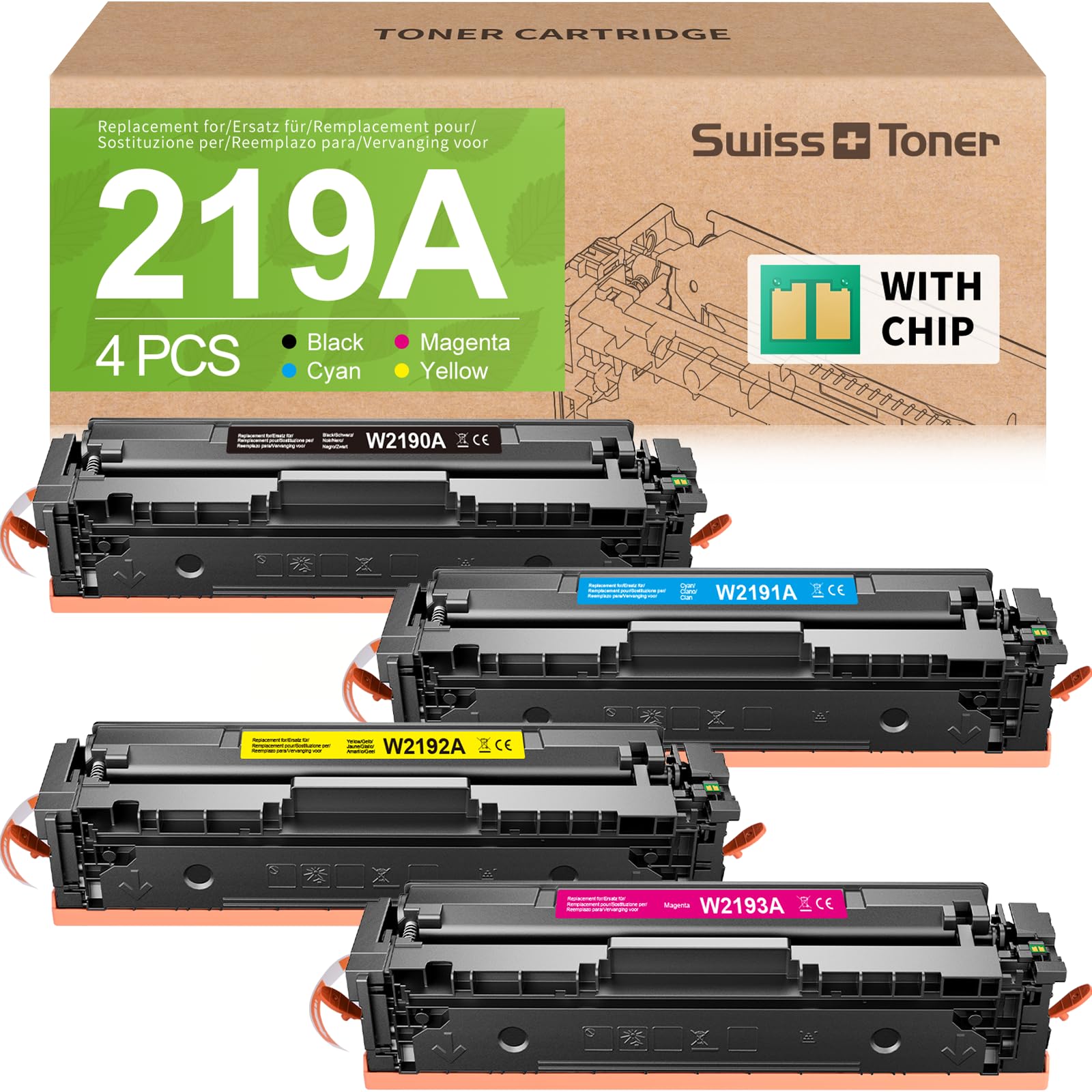 swiss toner 219A (con chip) Compatibile con HP 219A Toner per MFP 3302FDWG Toner per HP Color Laserjet Pro MFP 3302FDWG MFP 3302SDWG MFP 3302FDNG per W2190A W2191A W2192XA W2193A, 4Park