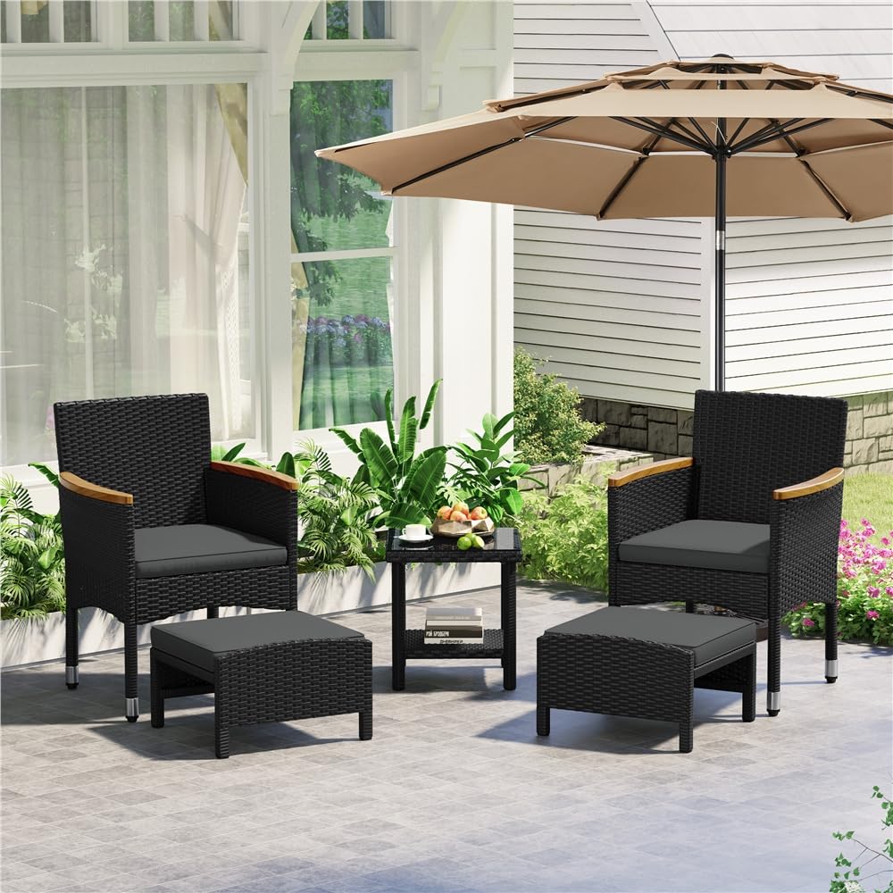 Yaheetech Conjunto de Muebles Ratán de Jardín 5 Piezas con Cojines, 2 Sillones 2 Otomanas y 1 Mesa de Café para Patio, Piscina y Trasero, Color Negro/GIRS Negro/GIRS