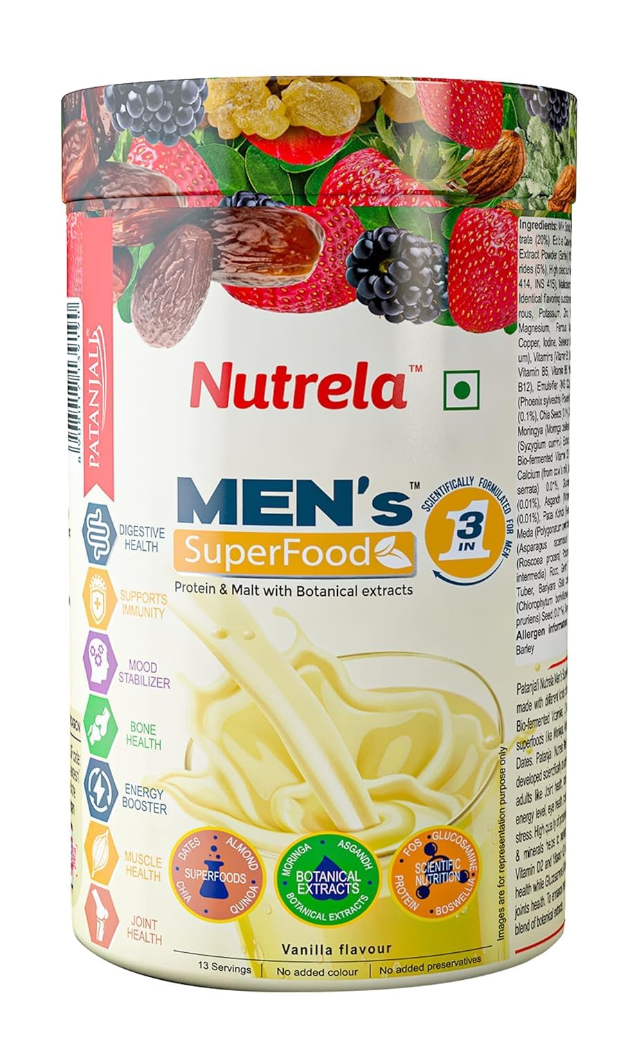 Nutrela Mens Superfood for muscle, joint, digestive health, immunity and energy - 400gm Vanilla Flavor, No Preservative