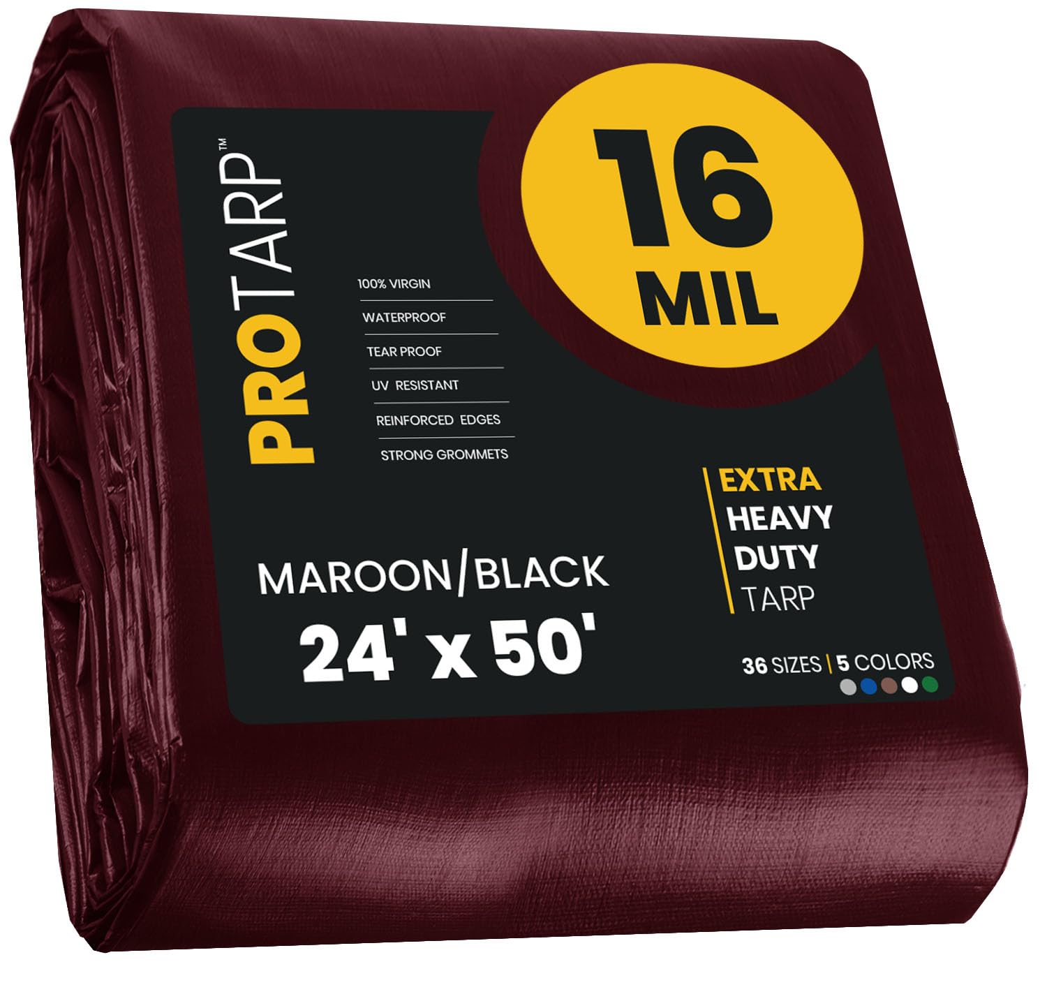 Extra Heavy Duty 16 Mil Tarp Cover, Waterproof, UV Resistant, Rip and Tear Proof, Poly Tarpaulin with Reinforced Edges for Roof, Camping, Patio, Pool, Boat. (Maroon/Black 24′ X 50′)