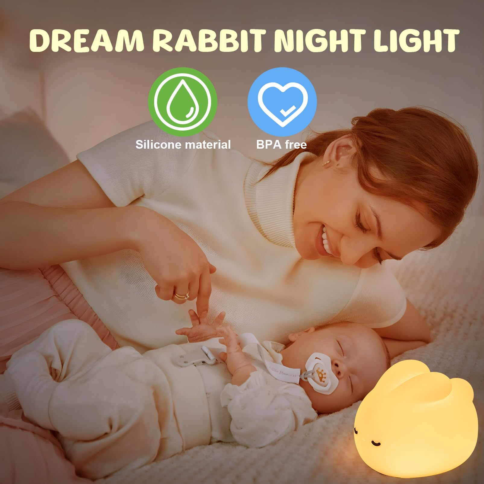 Lampada Notturna per Bambini Coniglio, Luce Notturna per Bambini Ricaricabile, Silicone Lampade da Comodino Notturna, Luce Notturna Touch Bambini Timer, Regalo Compleanno Natale, Cameretta Bambino