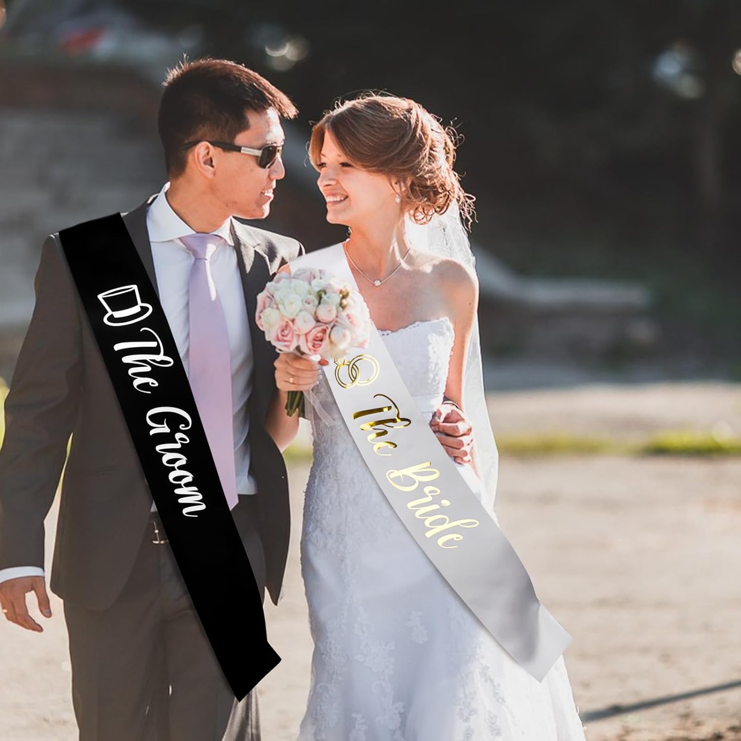 Bride and Groom Sash Just Married Sash The Bride Sash The Groom Sash Bachelorette Party Favors Just Engaged Sash Bridal Sash Engagement Gifts Black White - Image 5