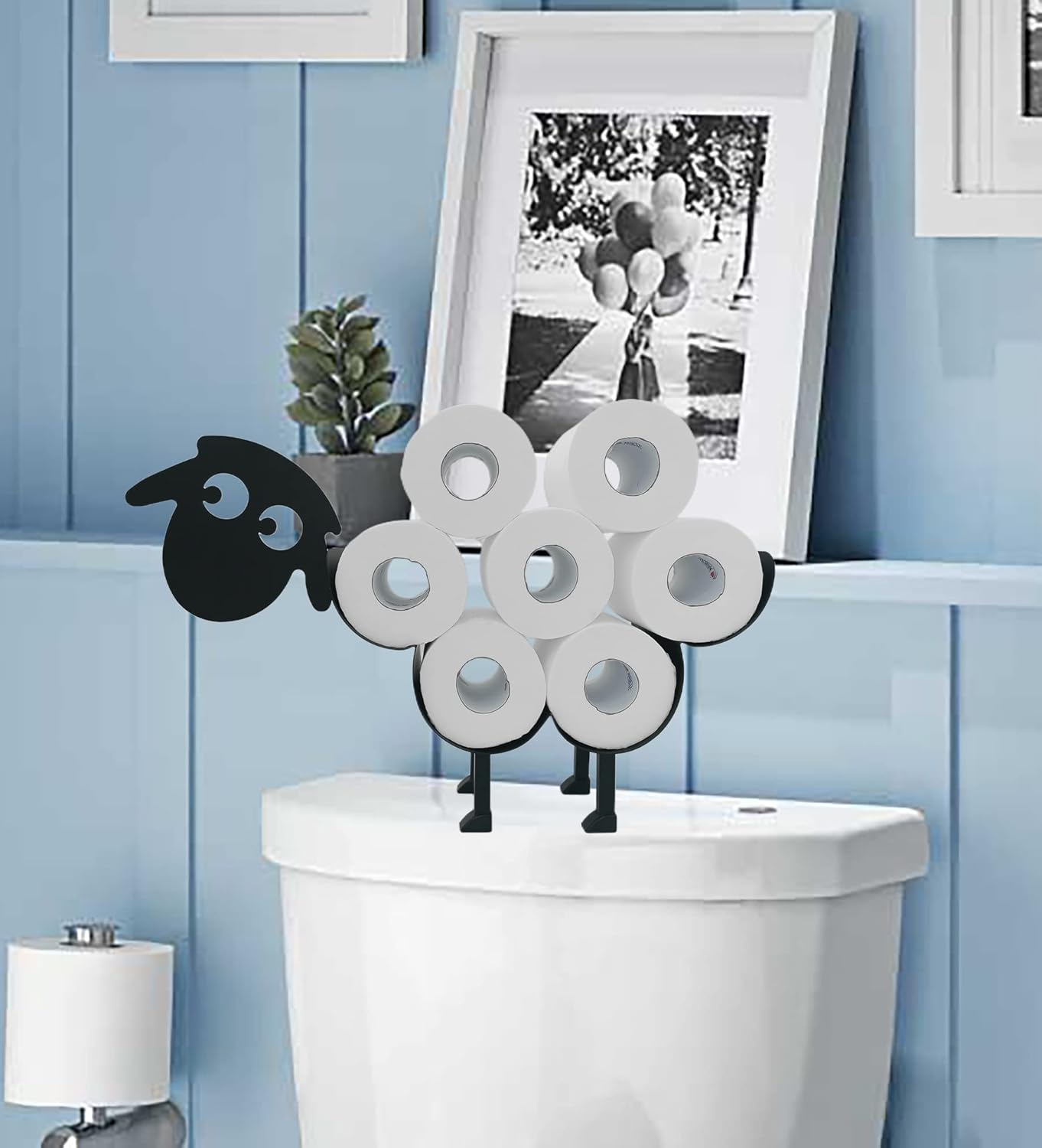 Cute Sheep Animal Paper Holders, Black Metal Toilet Tissue Holder, FreeStanding Toilet Paper Organizer for Bathrooms, Holds Extra 8 Rolls