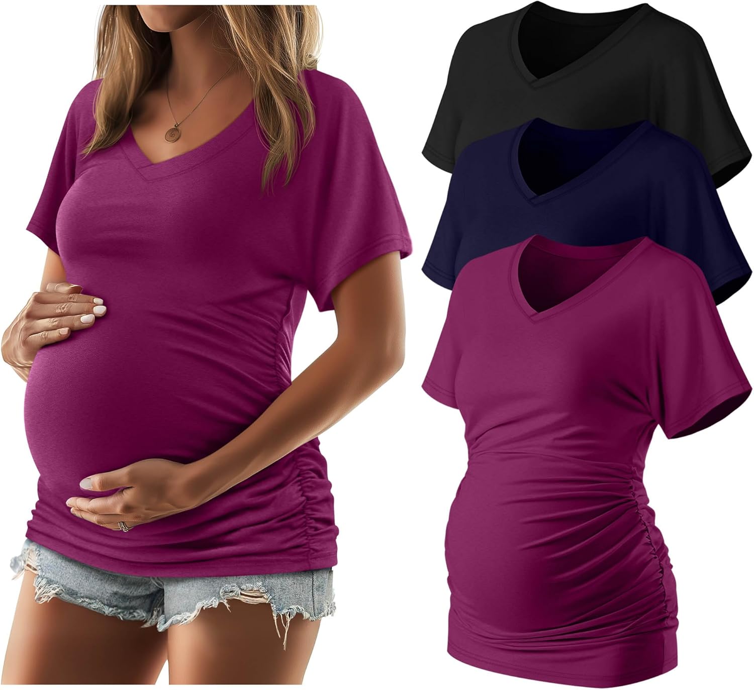 Ficerd 3 Packs Womens Maternity Shirts V Neck Dolman Short Sleeve Loose Side Ruched Tunic Tops Pregnancy Clothes