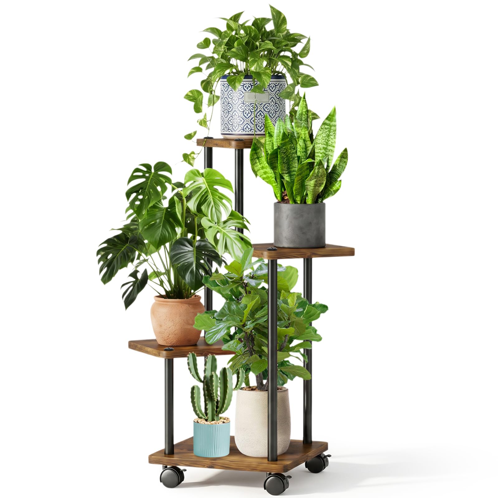Support Plantes Intérieur À 5 Niveaux à roulettes, Porte Plante Intérieur, Étagère Plante En Métal Brun pour Intérieur Salon Jardin Extérieur, Marron (Sans Plantes)