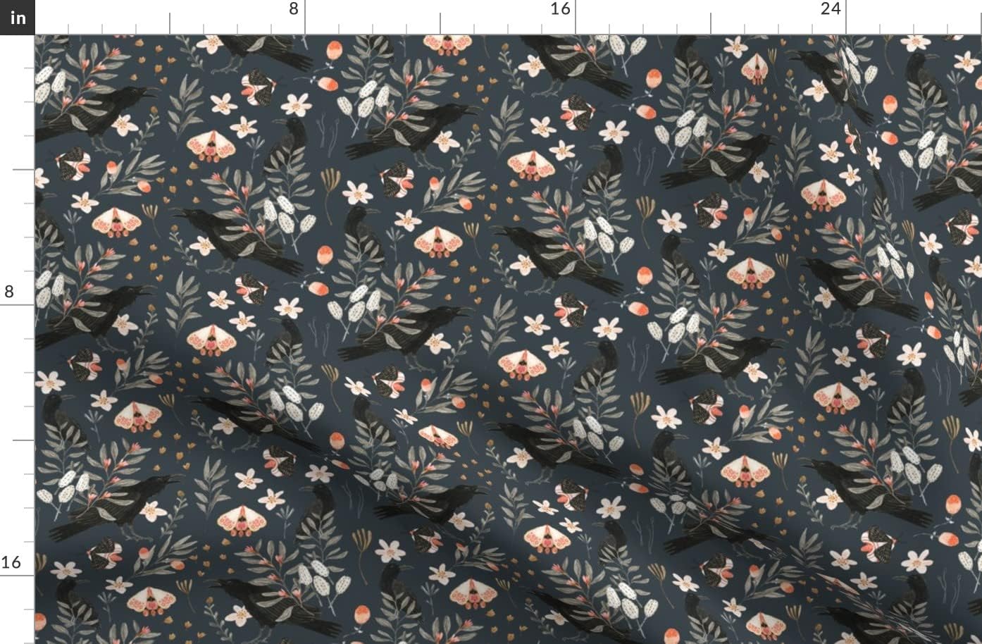 Spoonflower Fabric - Black Crows Butterflies Butterfly Floral Deep Blue Charcoal Gray Burnt Printed on Organic Cotton Sateen Fabric by The Yard - Sewing Quilting Apparel Home Decor