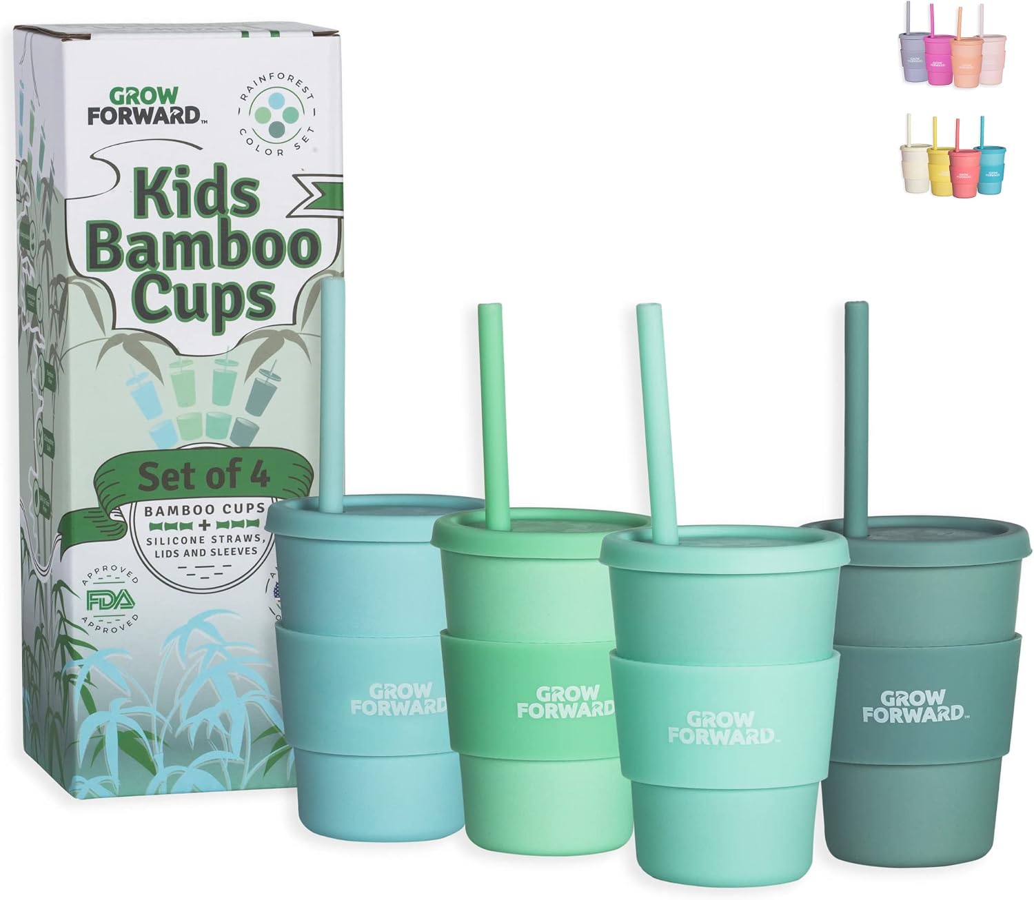 Grow Forward Kids Bamboo Cups - Kids Cups with Straws and Lids - Eco Friendly BPA Free - Dishwasher Safe - Straw Cups for Kids with Silicone Lids and Sleeves - Drinking, Smoothies - Rainforest