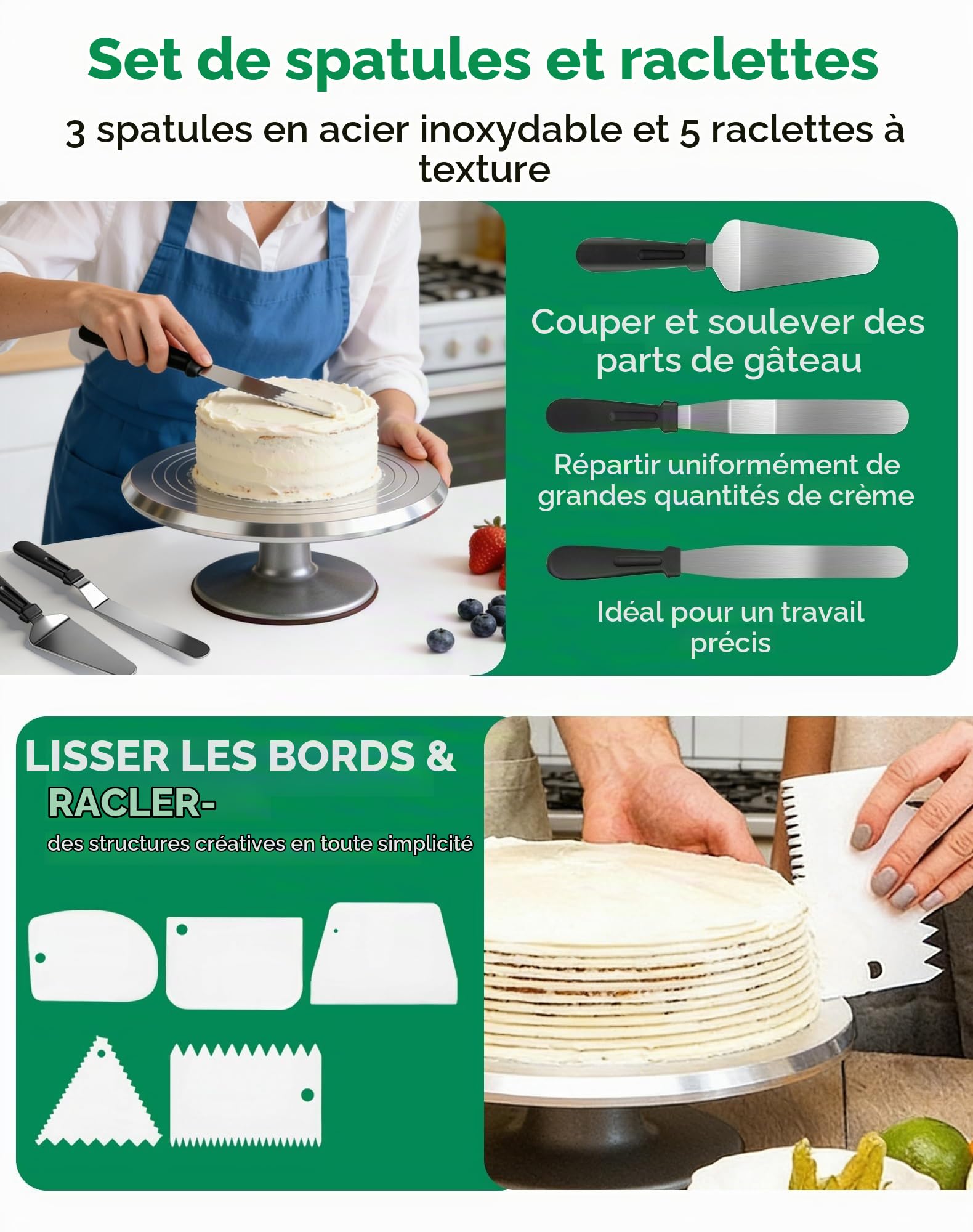 Plateau Tournant Gateau en Aluminium 30cm Plateau Tournant Patisserie Kit Rond Presentoir a Gateau Ustensiles à Pâtisserie avec 3 Lisseur Gateau et 5 Cornes pour Gâteaux Cuisson et Décoration