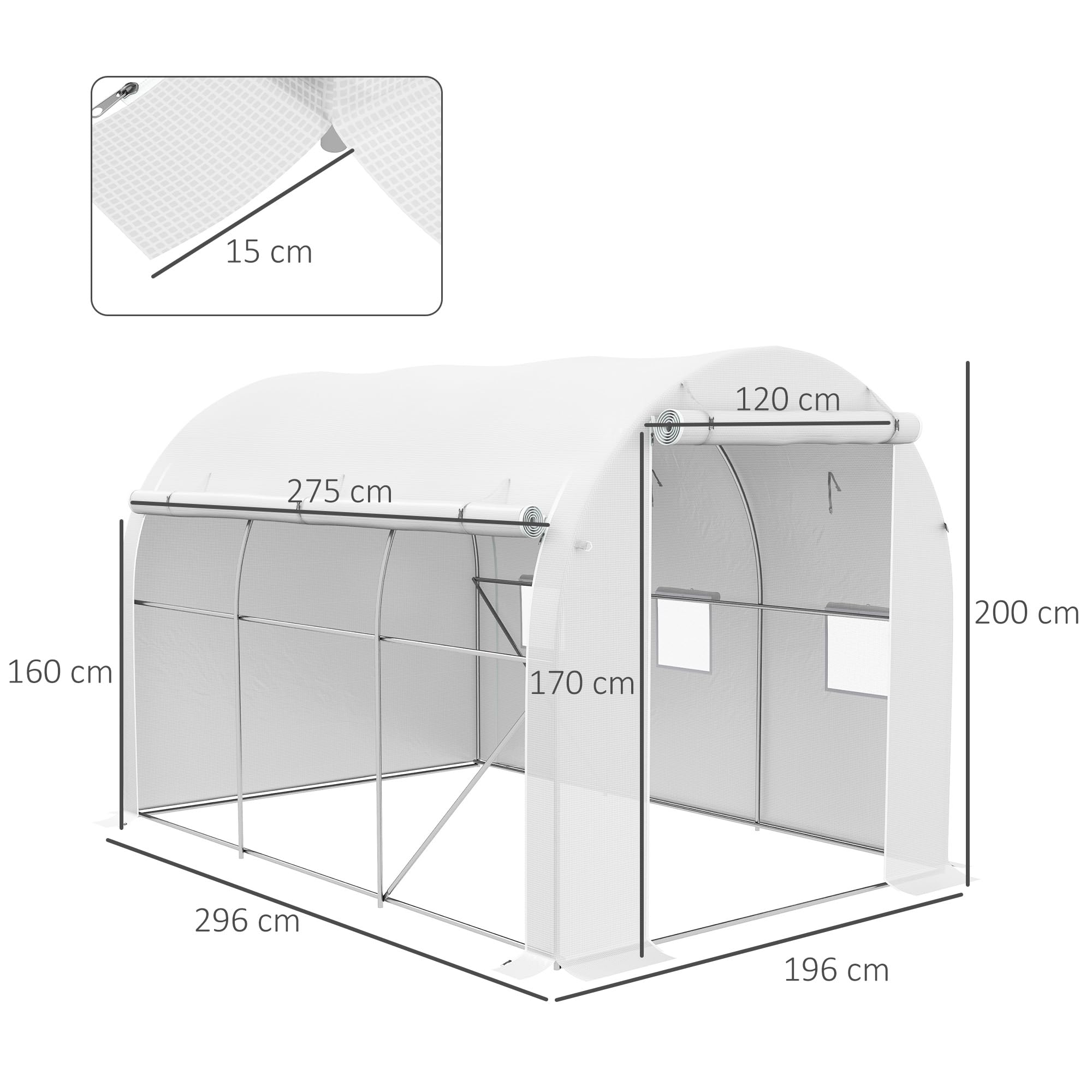 Outsunny Serre de Jardin 6 m² 3 x 2 m avec 1 Porte + 2 parois latérales zippées enroulables, 6 fenêtres, Acier galvanisé PE Haute densité 140 g/m² Anti-UV Blanc