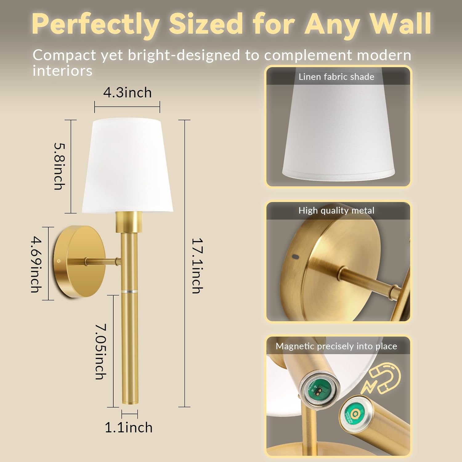 Battery Operated Wall Sconce, Wireless Wall Lamp Set of 2 RGB Dimmable Rechargeable Wall Lights with Bulbs and Remote, 12 Colors Gold Wall Sconces for Bedroom Nightstand Living Room Hallway