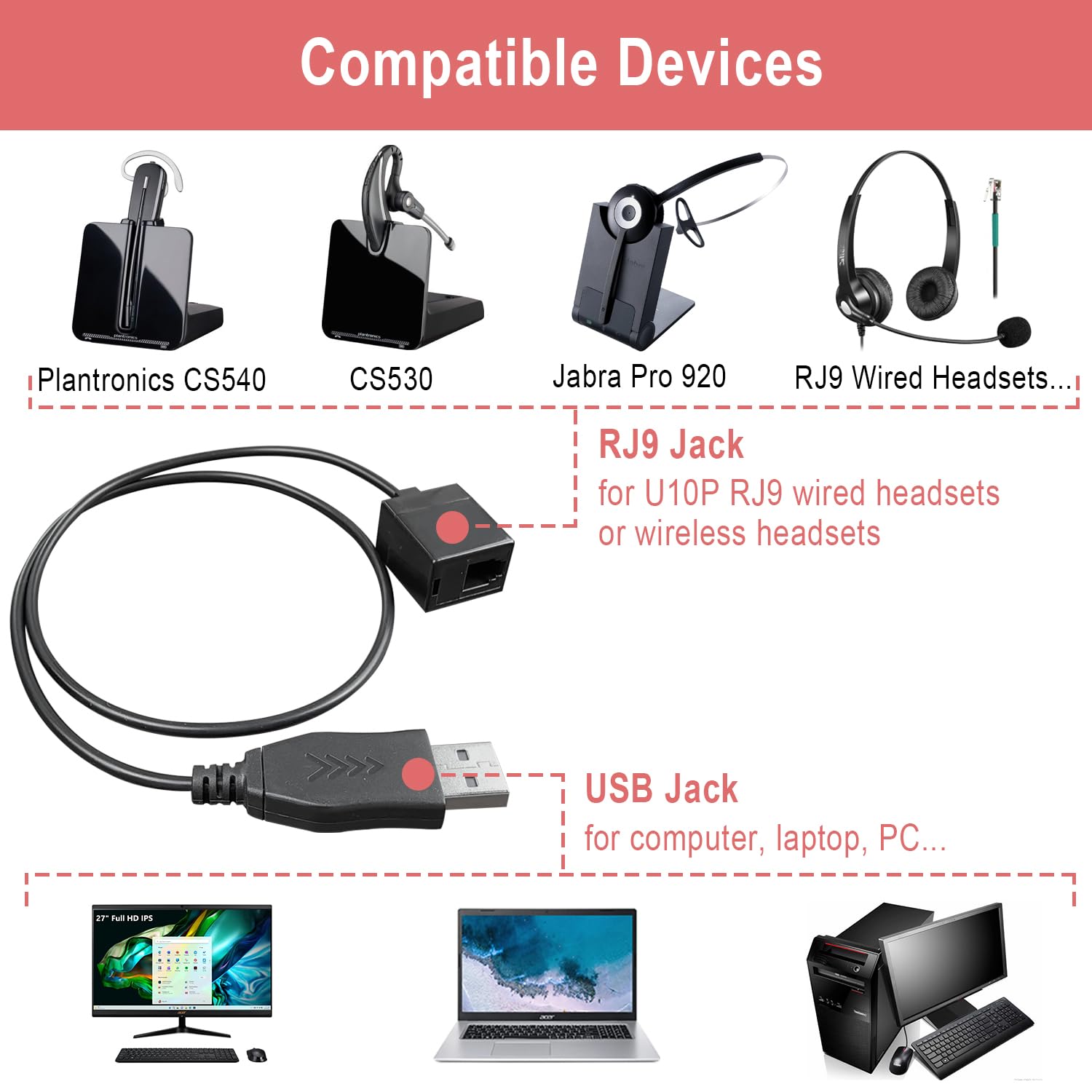 RJ9 Stecker zu USB Headset Adapter, USB-Stecker zu RJ9-Buchse Kabel, kompatibel mit Plantronics Jabra kabelgebundenen U10P RJ9- oder kabellosen DECT-Kopfhörern für Computer, Laptop, PC, Mac, Tablet
