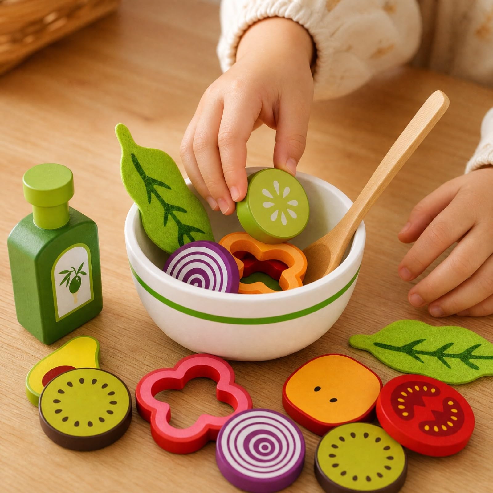 Set Insalata Giocattolo con Ciotola e Cucchiaio con Pittura a Base d'Acqua Giocattolo di Ortaggi di Legno Resistente e Durevole per Bambini