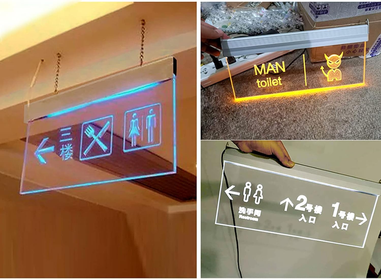 Segni bagno uomini donne, Cartelli for bagni maschili e femminili, cartello da parete for bagni, cartello luminoso a LED, cartello a LED con freccia for bagni, cartelli di conformità, cartello da pare