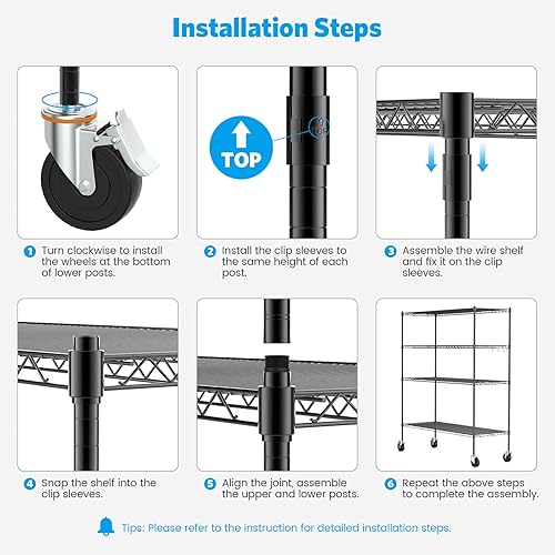 Miniatura 6 de Estantería de alambre con ruedas, estantes de almacenamiento ajustables de 4 niveles con certificación NSF, 60 x 24 x 72 pulgadas, estantería