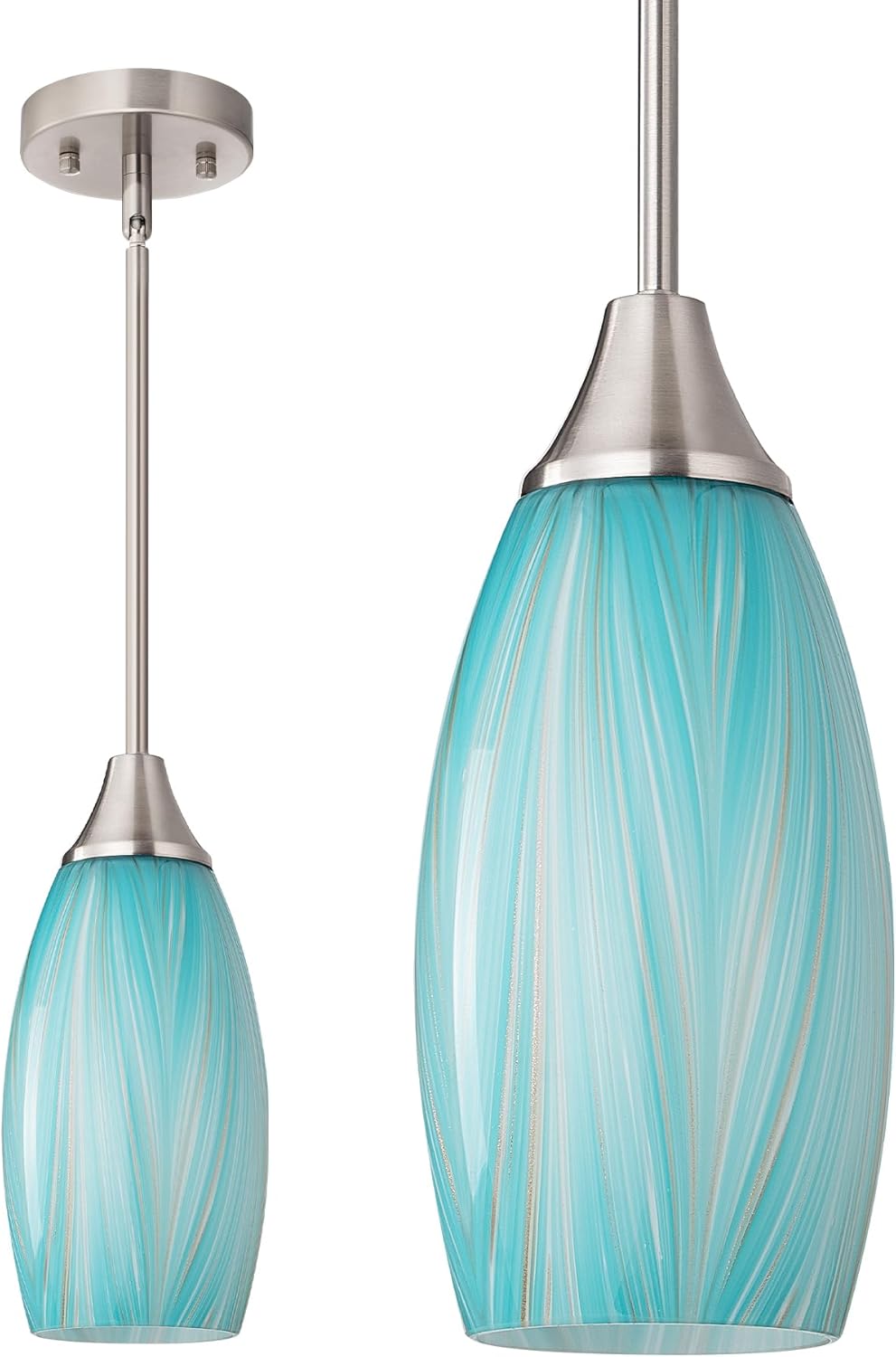 EDISHINE Pendant Lights Kitchen Island, Blue Handcrafted Art Glass, Blown Glass Pendant with 5.12” Dia x 11.40” H Shade, Teal with Gold, Adjustable Brushed Nickel Rods, Hardwired Over Island Bar, E26