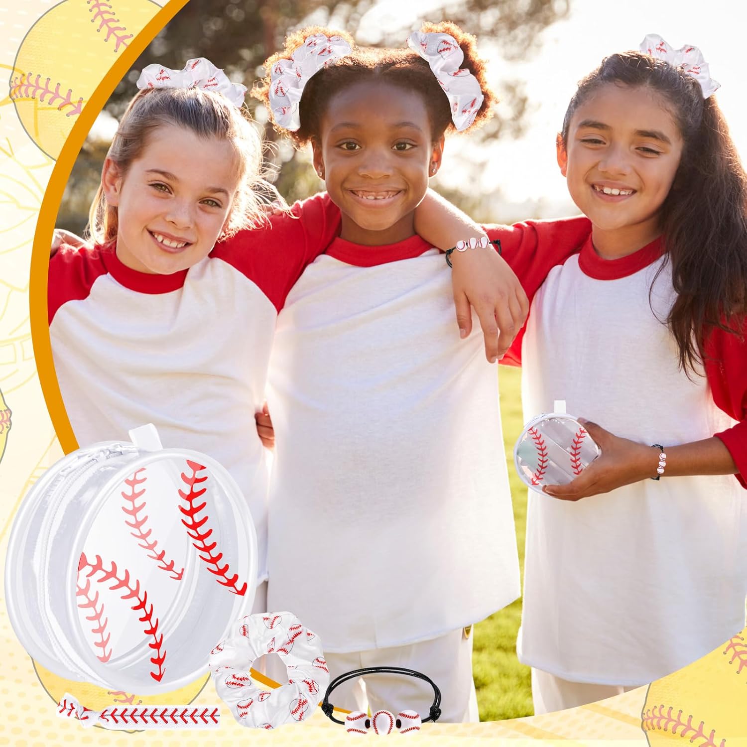 Baderke 48 Pcs Baseball Gifts for Team Party Favors Base-ball Goodie Bag Include 4" Mini Cosmetics Makeup Bag Hair Scrunchies Satin Ties Bracelet for Girl Woman Player Teams Gifts(Baseball, White)