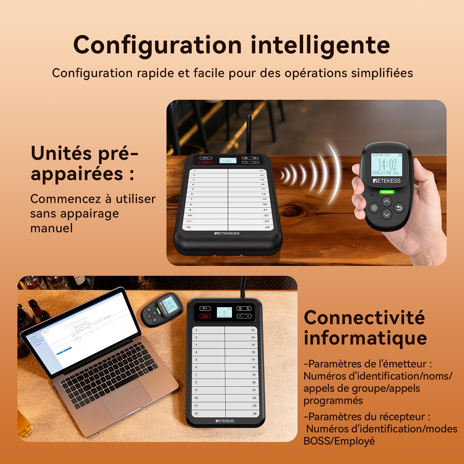 Retekess TD037 Bipeur Restaurant, Système de Bipeur avec Clavier 24 Touches, Facile à Utiliser, Clignotant et Sonore, 6 Bipeurs Inclus pour Restaurants, Cafés, Bars et Hôtels
