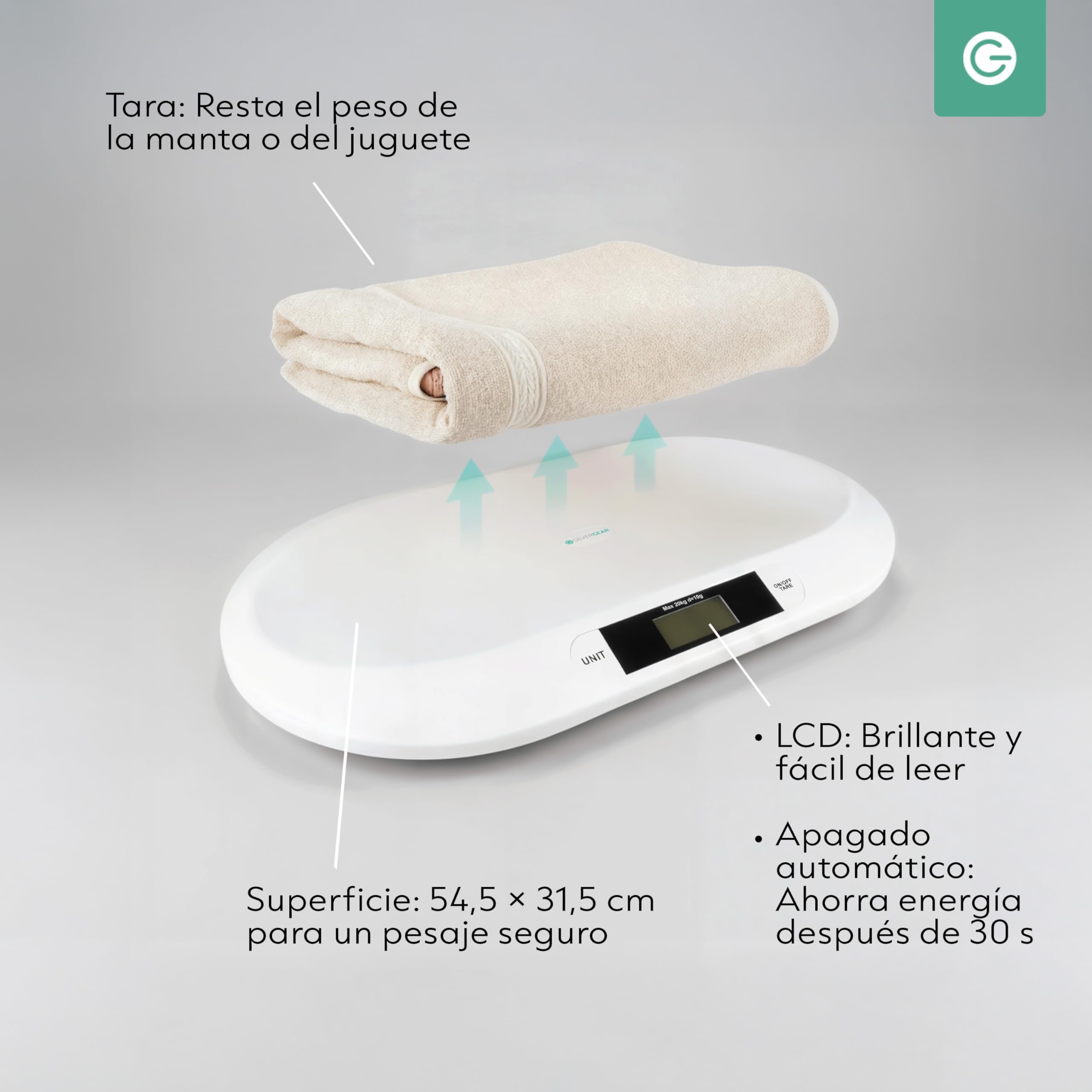 Silvergear® Báscula Bebé Inteligente con Bluetooth | Báscula Digital con App para Recién Nacidos Niños y Mascotas | Medición Precisa hasta 20 kg | Smart Life App | 54.5×31.5×2.7CM Blanco