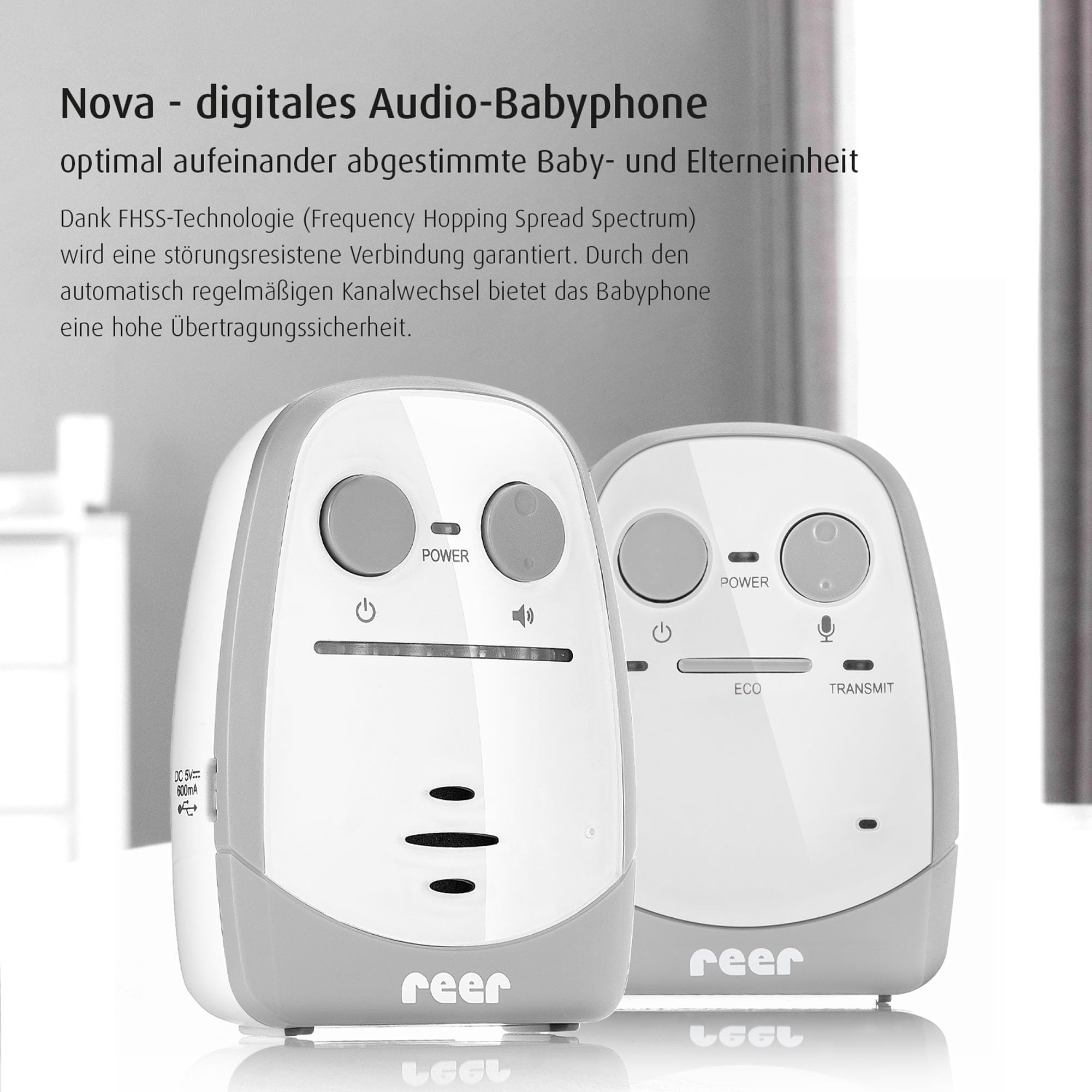 Reer Nova 50140 Babyphone avec réglage du volume et affichage optique du bruit Portée 450 m Blanc