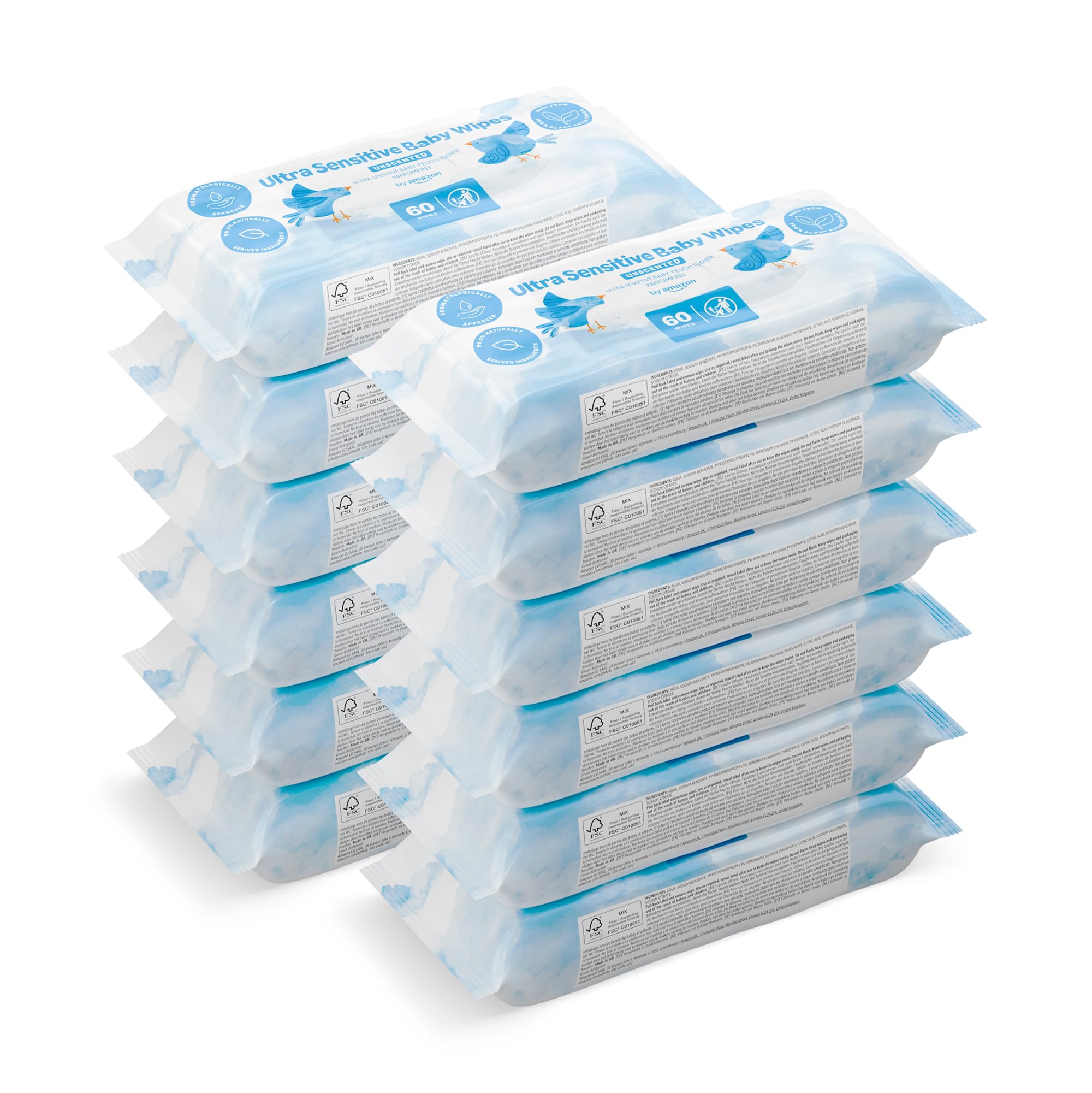by Amazon Lingettes pour Bébé Ultra-Douces, 100% Fibres Végétales, 99% Eau, 720 Lingettes, Non Parfumées, 12 Paquets de 60