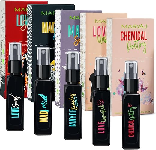 Maryaj Love Song EDP and Mad Love EDP and Maybe Someday EDP and Love Unscripted EDP and Chemical Poetry EDP (Pack of 5, Each 8ML) Long Lasting Scent Spray Gift For Men and Women