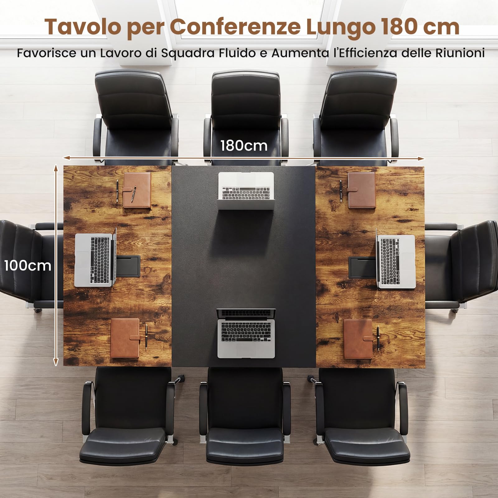 COSTWAY Tavolo da Conferenza 180 x 100 cm, Tavolo Riunioni Grande per 6-8 Persone, Postazione da Lavoro Stile Industriale con 2 Passacavi per Ufficio e Sala Riunioni