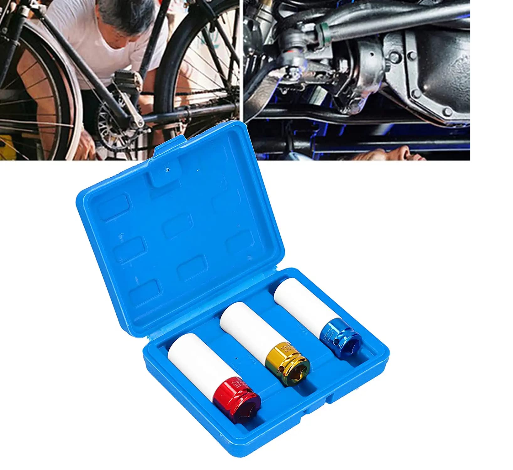 AASONS 3pc Set Non-Marring with Plastic Sleeve Lug Nut Socket Set 17/19/21mm Drive Wheel Sockets 1/2"" Socket Drive Colour Coded Alloy Wheel Impact Cr-Mo Wheel Protector Deep Socket Set 4