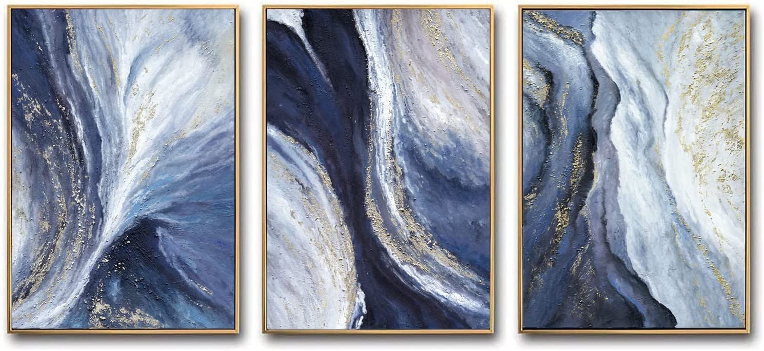 Set Di 3 Quadri Su Tela Astratti Con Montagne Blu Navy, Stampa Giclée, Cornici Incluse, Pronte Da Appendere - 3
