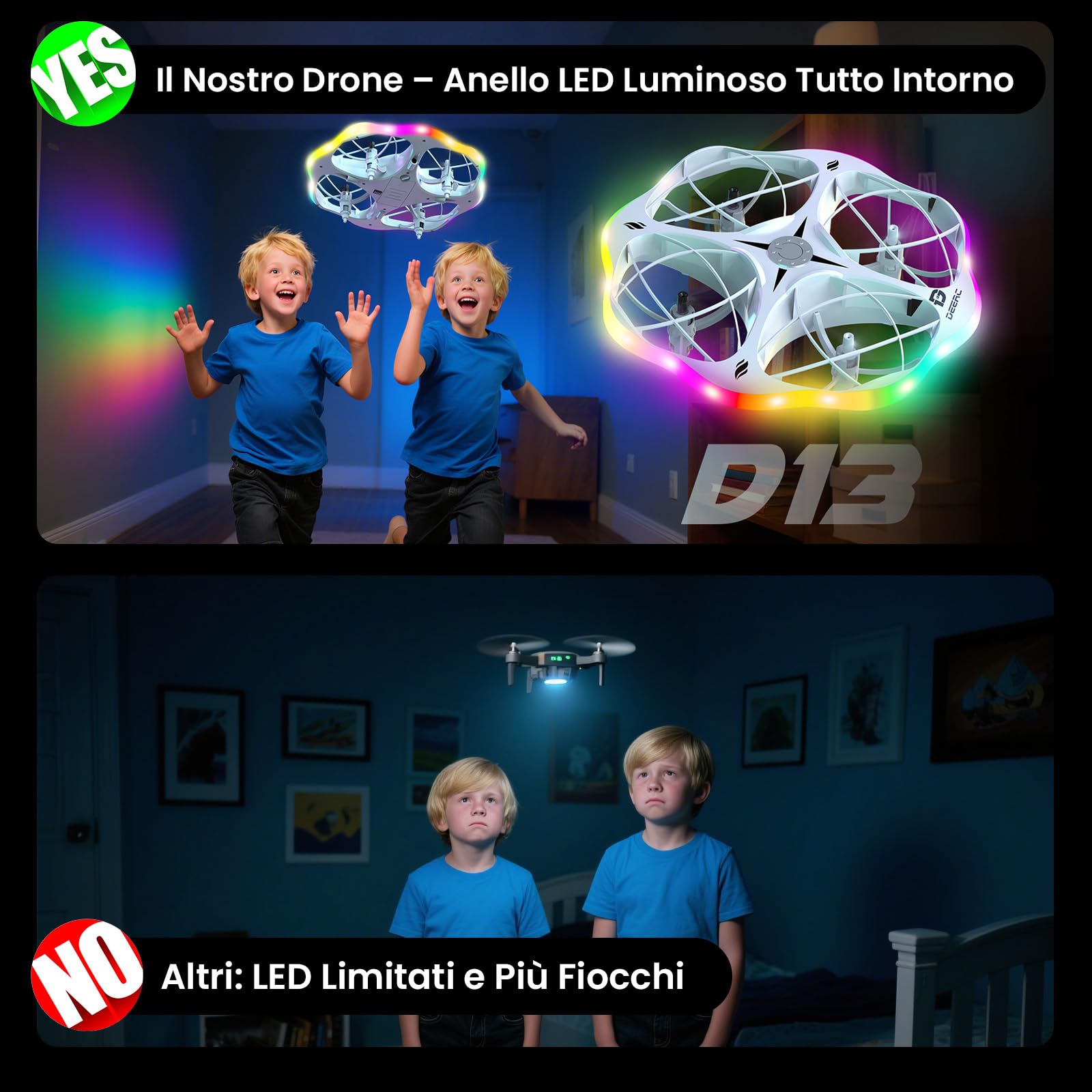 DEERC D13 Mini Drone per Bambini con 3 Batterie, Evitamento Ostacoli e LED | Mini UFO Facile da Usare con 6 Modalità LED, Lancio a Mano, Flip 3D, Regalo per Bambini 6-12 Anni