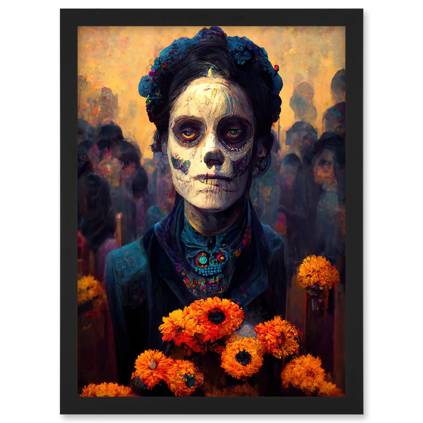 Day Of Dead Skull Marigold Flowers Artwork Framed A3 Wall Art Print