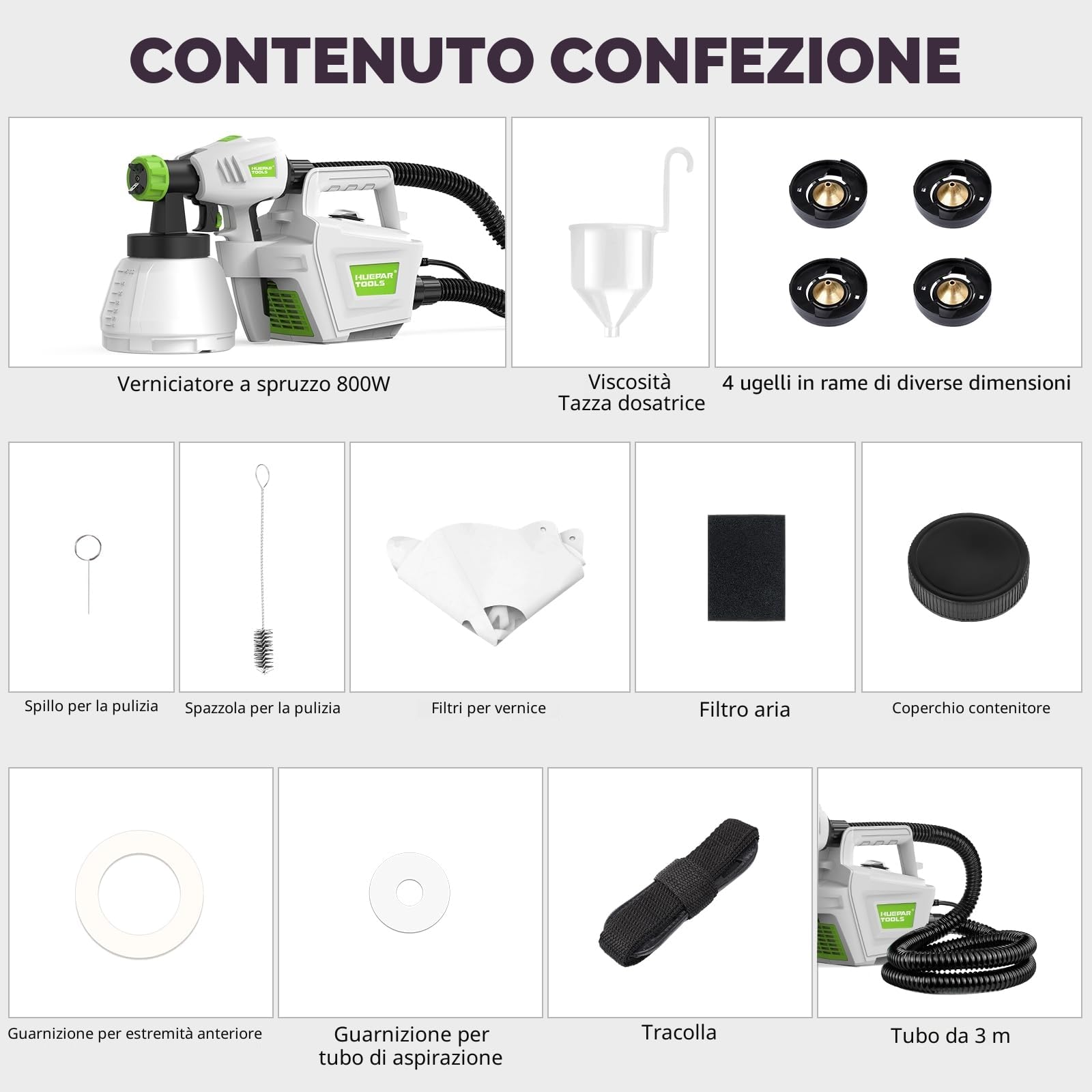 Pistola a Spruzzo, Huepar Tools 800W Spruzzatori di Vernice con 4 Ugelli in Rame e Filtro, Flusso Massimo di 1200ml/min, 3 Modalità di Pittura, Contenitore 1300 ml, Facile da Usare e da Pulire-SG800