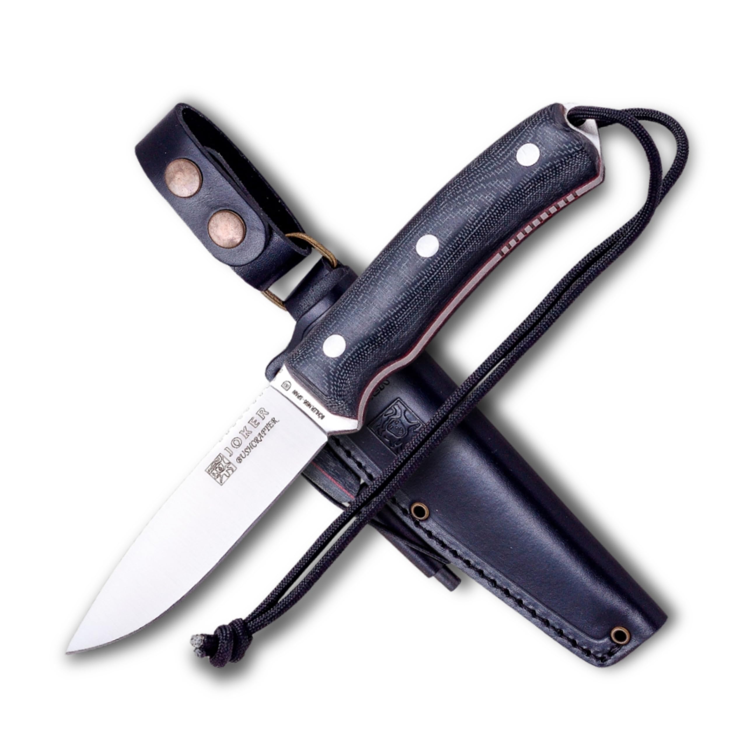 Joker Cuchillo Bushcraft deportivo Bushcrafter CM120-P, mango micarta negra, hoja de 10,5 cm, funda piel con pedernal y rascador, Herramienta de pesca, caza, camping y senderismo