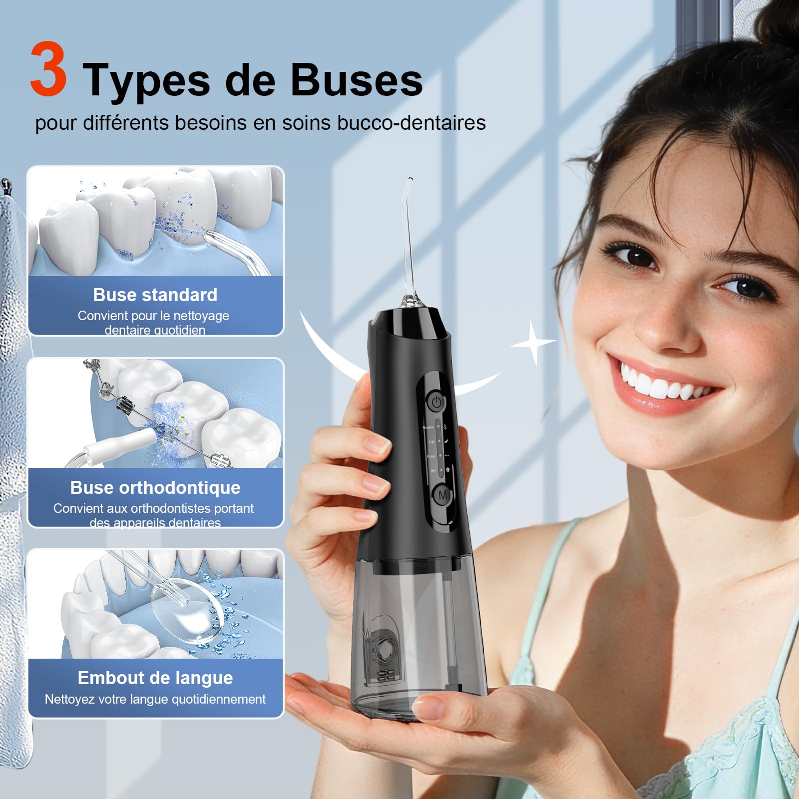 Hydropulseur Jet Dentaire, 320ML Réservoir Amovible, Étanche IPX7 Irrigateur Oral, 4 Modes de Nettoyage, 5 Buses Portable Water Flosser, Irrigateur Dentaire pour la Maison et Les Voyages, Noir