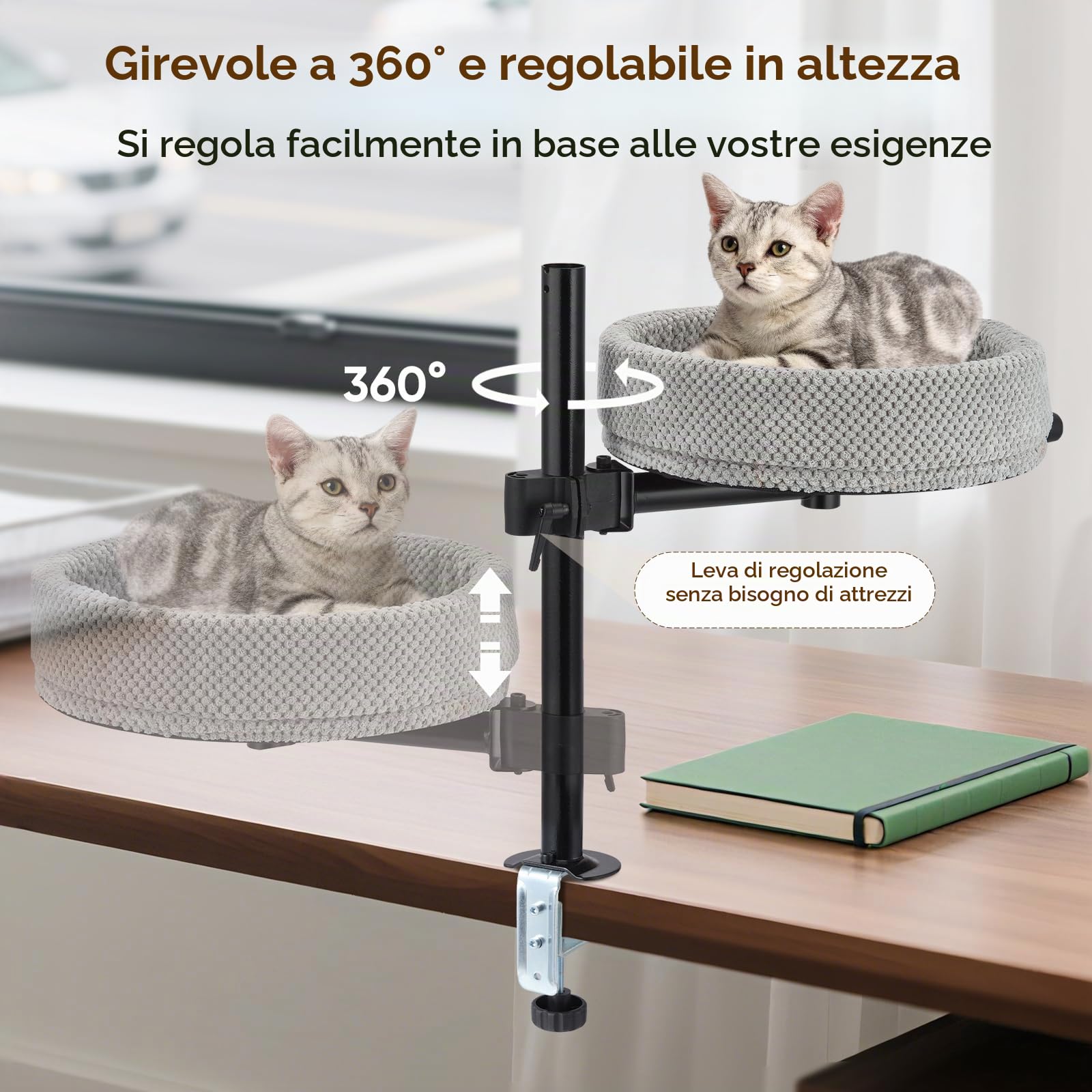 Letto per gatti con scrivania regolabile in altezza girevole a 360°, anti-pizzicamento e salvaspazio, con motivo a ananas (XL, grigio scuro)