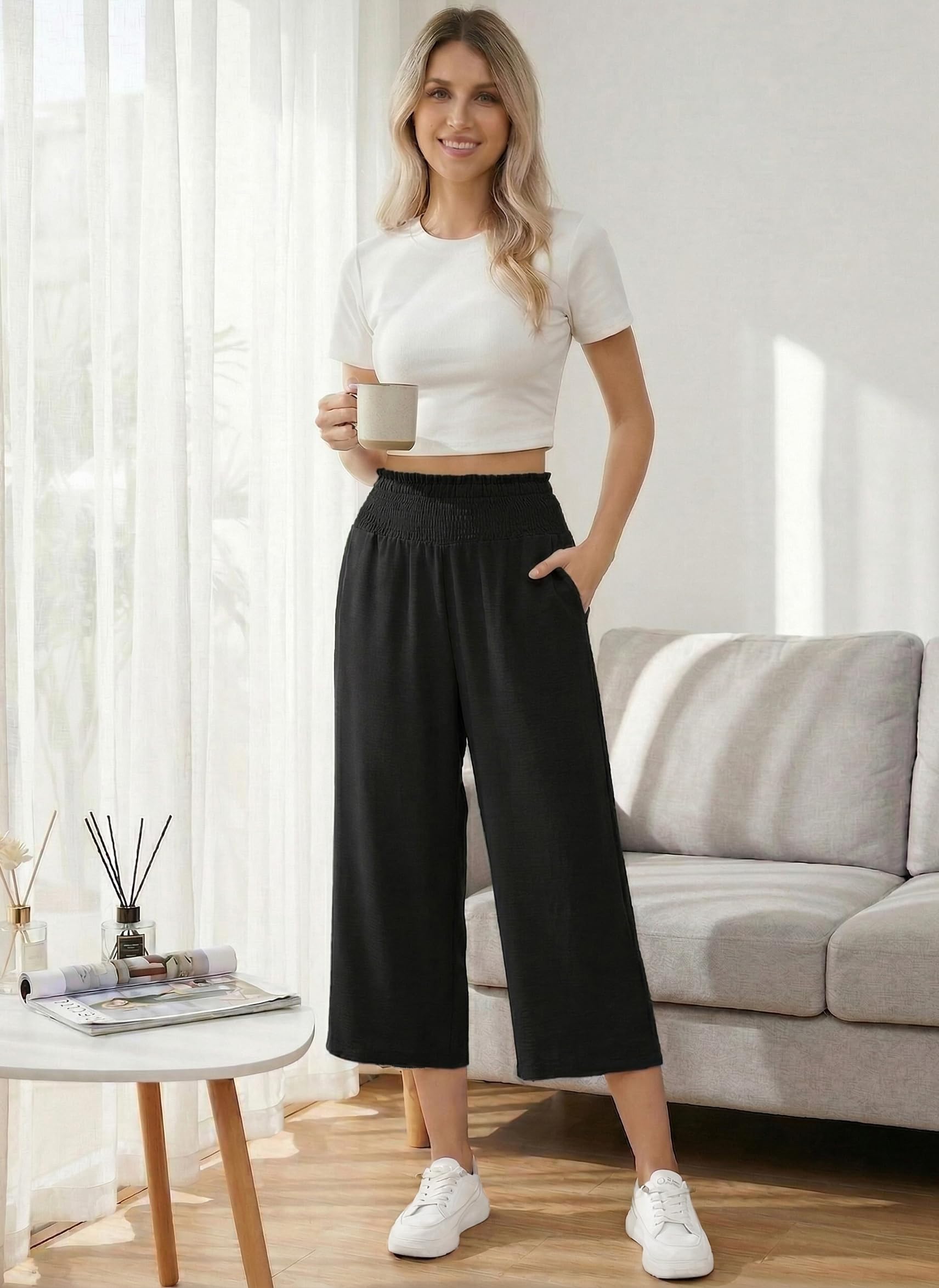 Damen 3/4 Culotte Hose Elastische Hohe Taille Sommerhose | Leichte Dreiviertel Caprihose mit Weitem Bein und Taschen