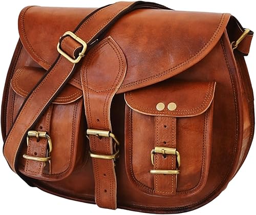 Satchel And Fable Bolsos cruzados de cuero de 13 pulgadas para mujer, estilo vintage, genuino, hobo hecho a mano, marrón, bolso de hombro para