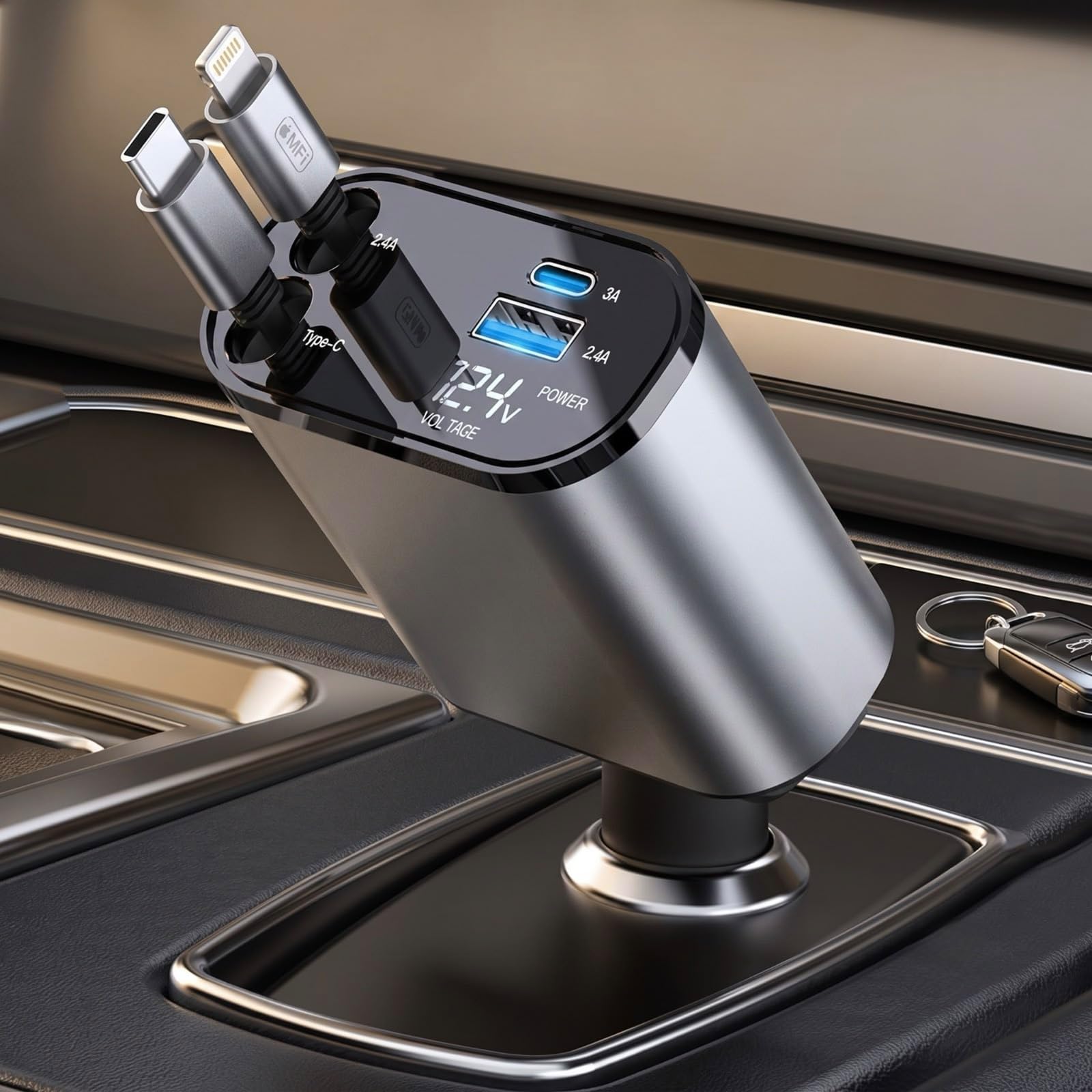 120W 4 in1 Retractable Car Charger,Fast Car Phone Charger,Retractable Cables & 2 USB Ports Car Adapter for Android Phones & iPhone,Pro Max,Xr,Ipad,Dash Cam & Other Devices-image-37