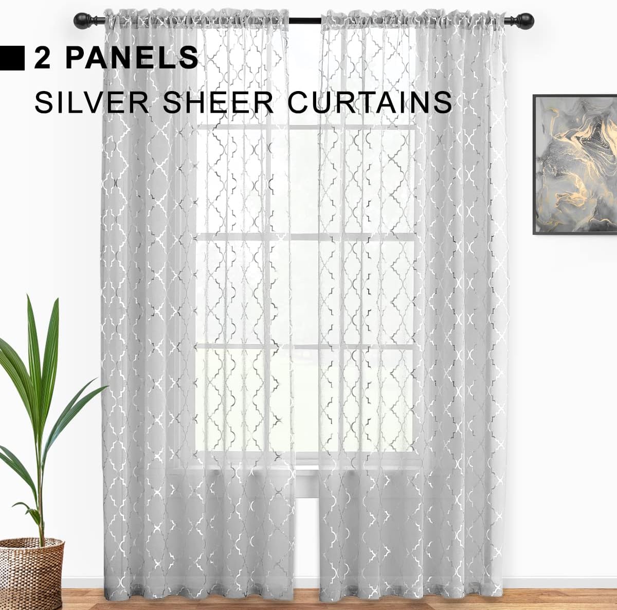 Kotile 108 Inch Silver Sheer Curtains 2 Panels Metallic Moroccan Ogee Pattern Extra Long Shimmer Sheer Curtains for Living Room, Rod Pocket Privacy Light Filtering Tall Window Curtains W52 x L108 Inch