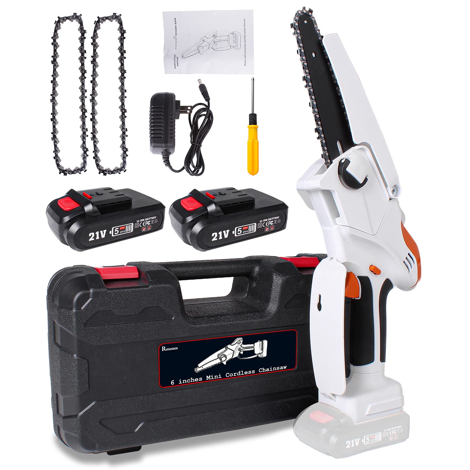 Mini Chainsaw 6 inch Cordless Chainsaw Battery Powered Chainsaw Electric Chainsaw Cordless Small Chainsaw Handheld for Branch Wood Cutting Garden Pruning Tree Trimming 2 Battery 2 Chain 1 Box