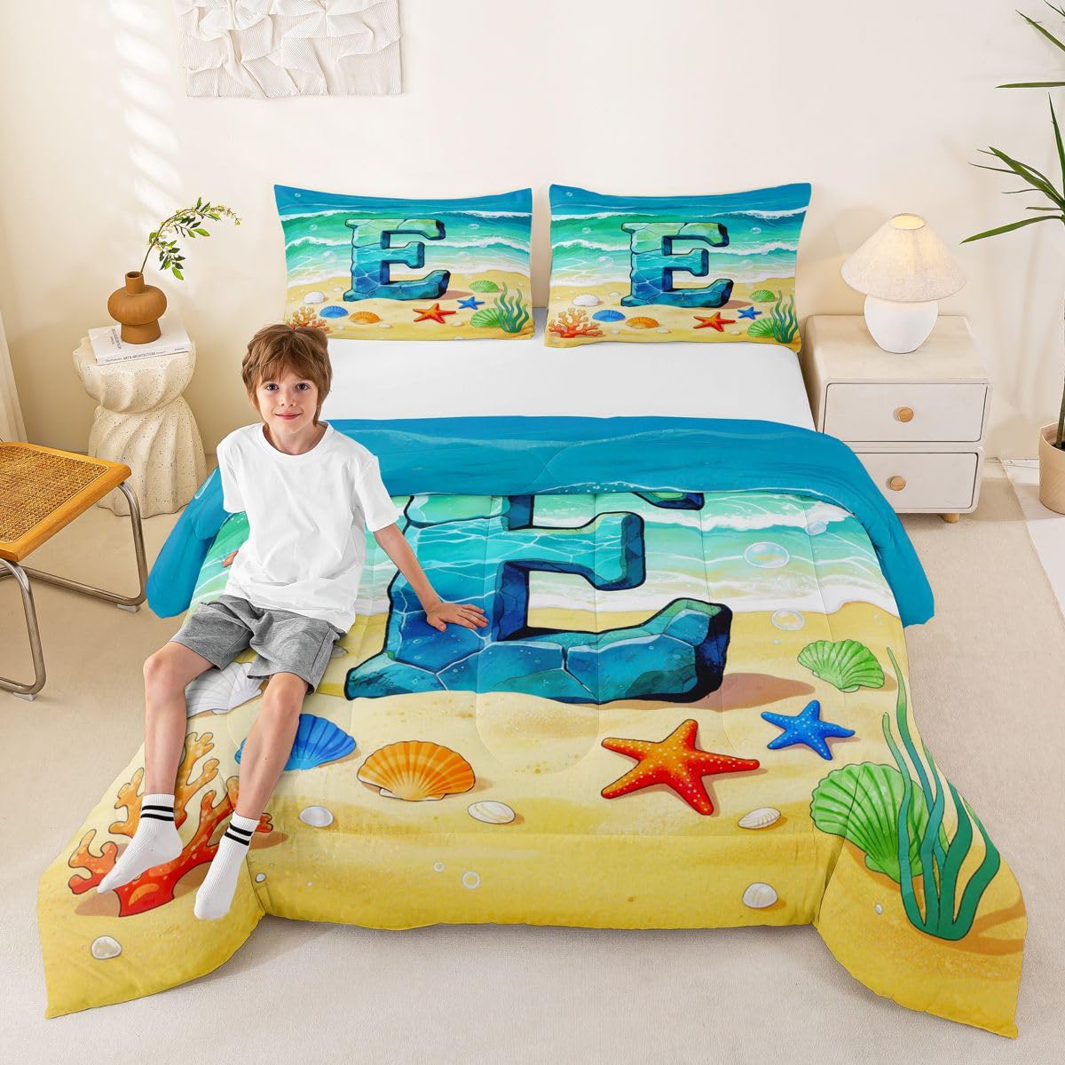 Homemissing Hawajska kołdra plażowa dla dzieci spersonalizowany inicjał litera E zestaw pościeli king size plaża wybrzeże dla kobiet mężczyzn wystrój pokoju oddychająca miękka mikrofibra życie morskie