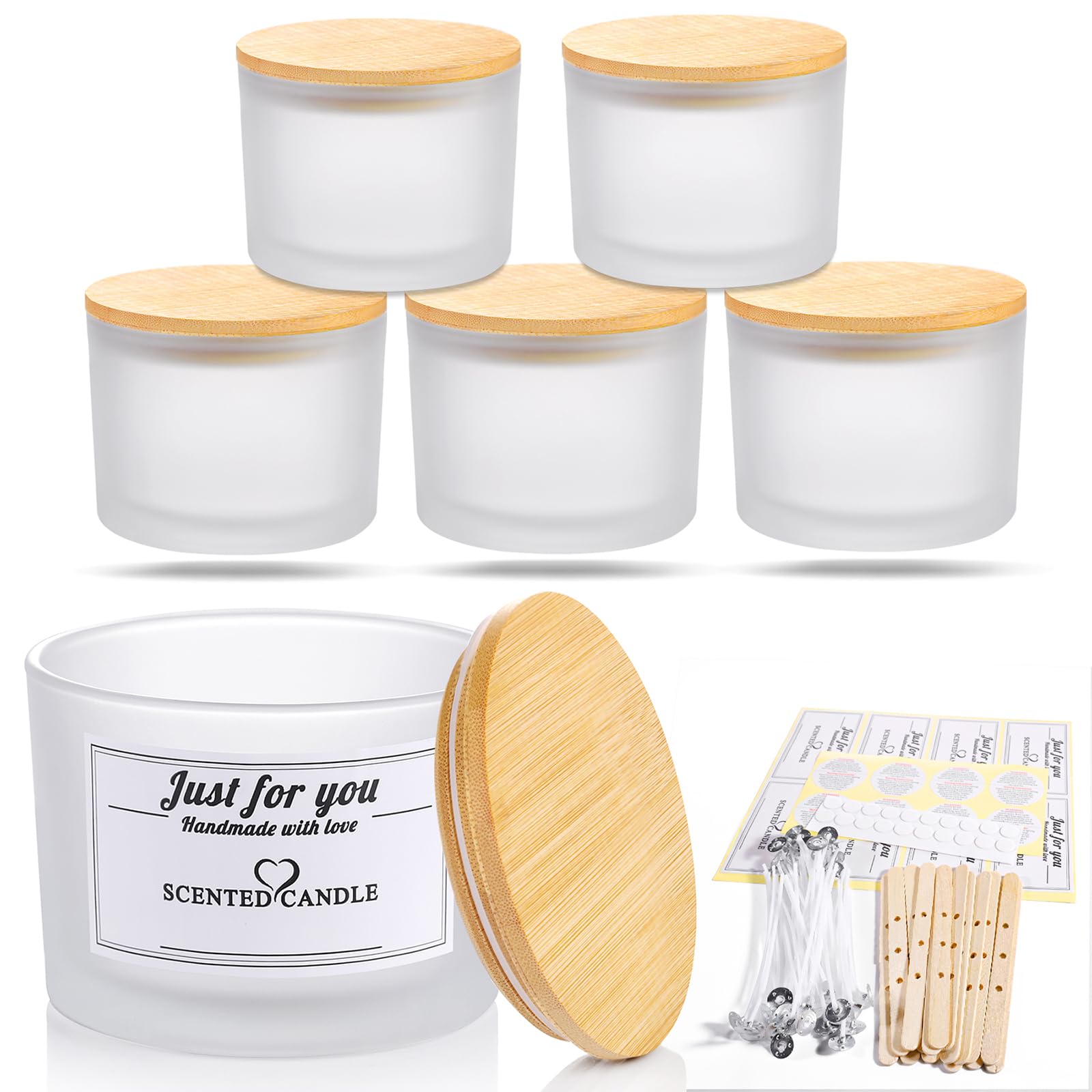 18oz Candle Jars 6 Pack - 3 Wick Empty Clear Glass Candle Making Jars with Bamboo Lids and Sticky Labels, Bulk Clear Candle Containers for Making - Dishwasher Safe (Frosted White)
